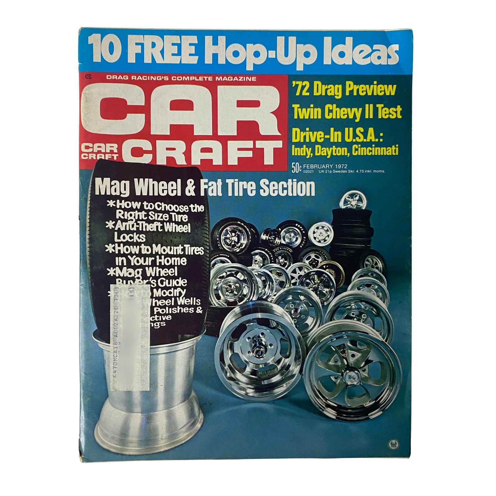 Car Craft Magazine February 1972 Vol 20 No. 2 cover showcasing Mag Wheel & Fat Tire Section with highlighted features including '10 Free Hop-Up Ideas' and '72 Drag Racing Preview'.