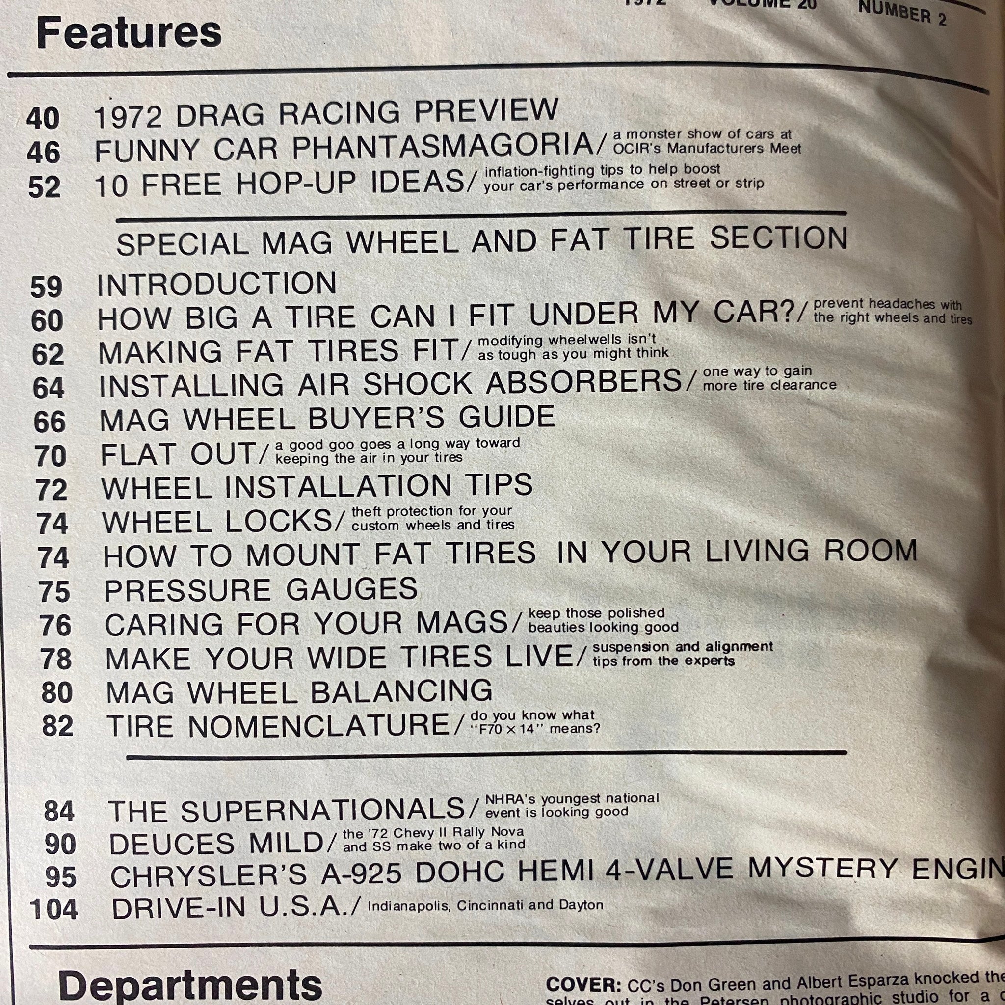 Interior pages of Car Craft Magazine February 1972 Vol 20 No. 2 featuring a table of contents highlighting articles such as '1972 Drag Racing Preview' and 'How to Mount Tires in Your Living Room'.