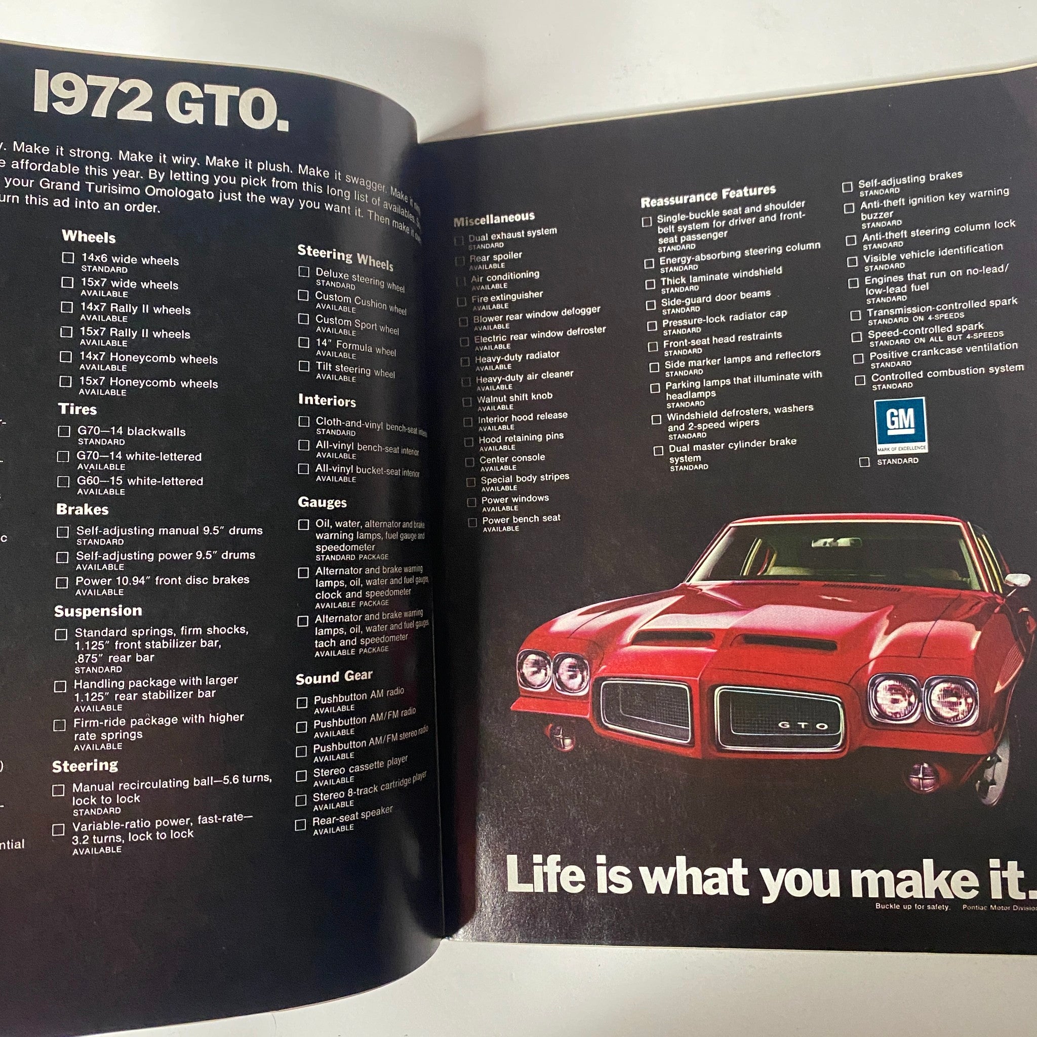 Page from Car Craft Magazine February 1972 Vol 20 No. 2 showing a detailed specification overview of the 1972 GTO, including information on wheels, brakes, and steering.