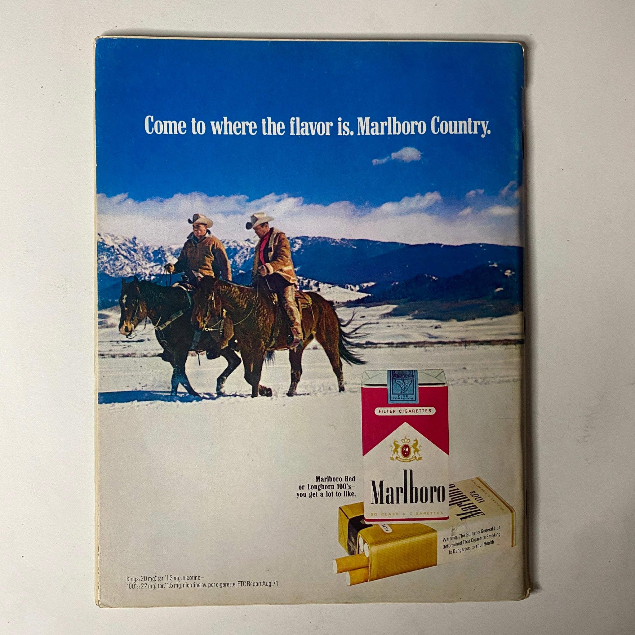 Back cover of Car Craft Magazine February 1972 Vol 20 No. 2 featuring a vintage advertisement for Marlboro cigarettes, illustrating a scenic outdoor view with cowboys on horseback.
