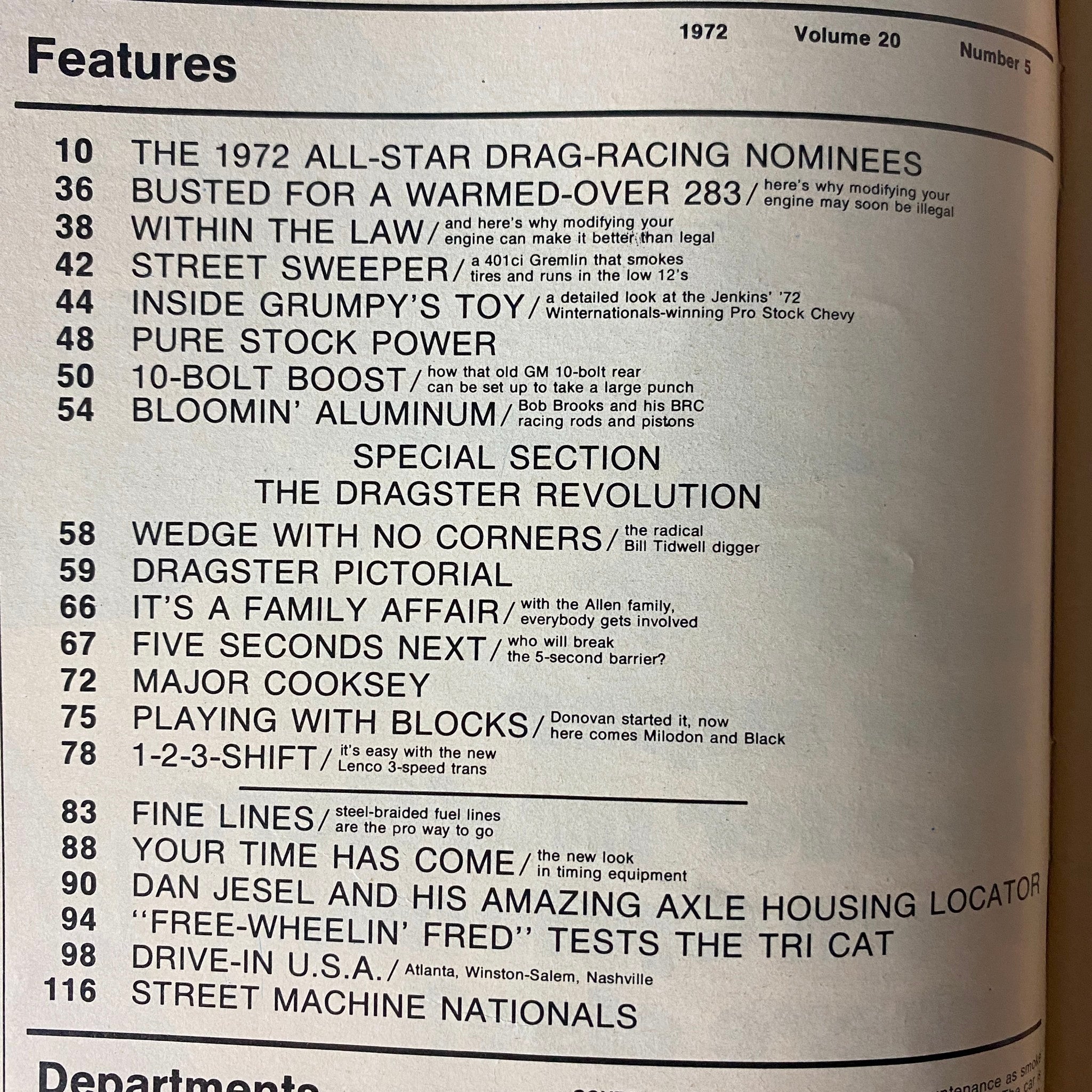 Car Craft Magazine May 1972 contents page listing features and articles including 'The 1972 All-Star Drag-Racing Nominees' and 'Inside Grumpy’s Toy'. Volume 20, No. 5.