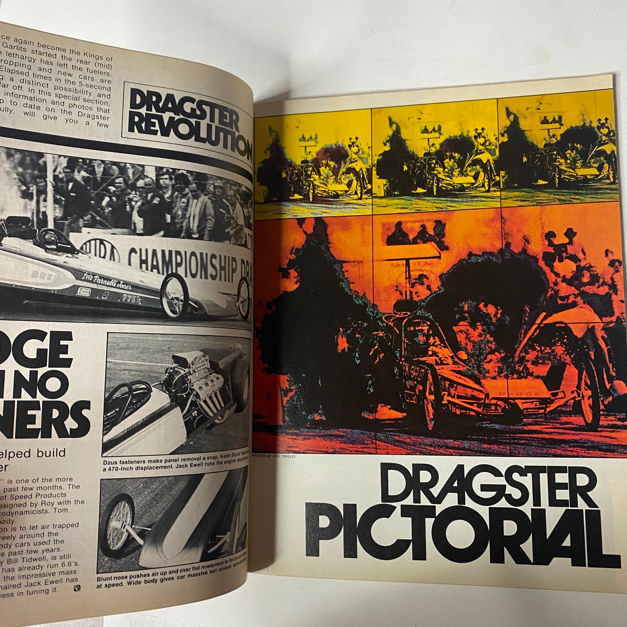 Page showcasing 'Dragster Revolution' and 'Dragster Pictorial' from Car Craft Magazine May 1972, Volume 20, No. 5, focusing on drag racing innovations.