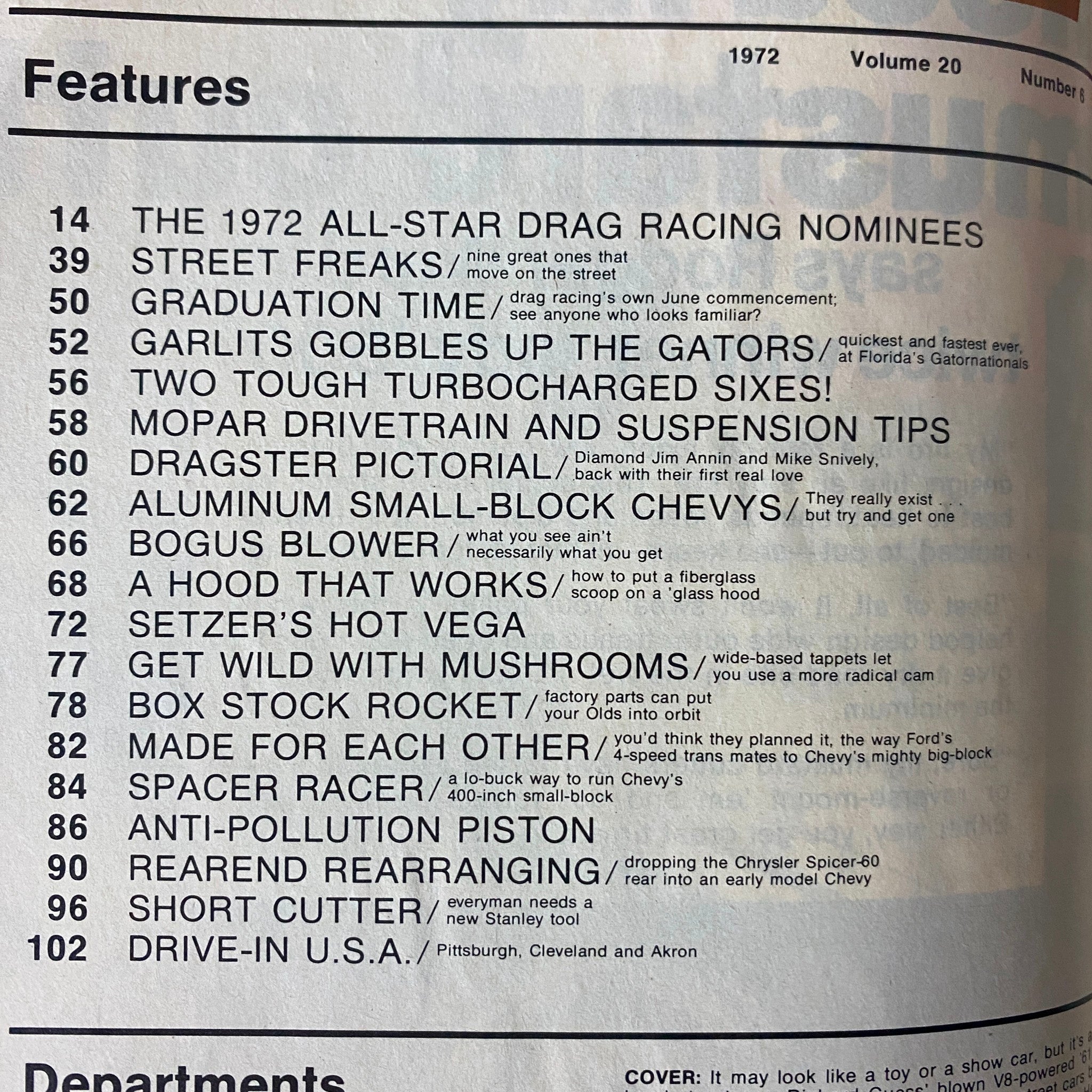 Contents page of Car Craft Magazine June 1972, Volume 20, listing articles on All-Star Drag Racing Nominees, Turbocharged Sixes, and Aluminum Small-Block Chevys.