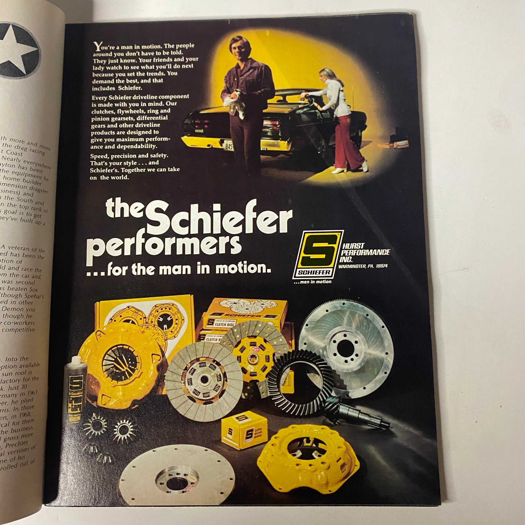 Advertisement from Car Craft Magazine June 1972 promoting Schiefer performance products, showcasing automotive parts in a professional setting.