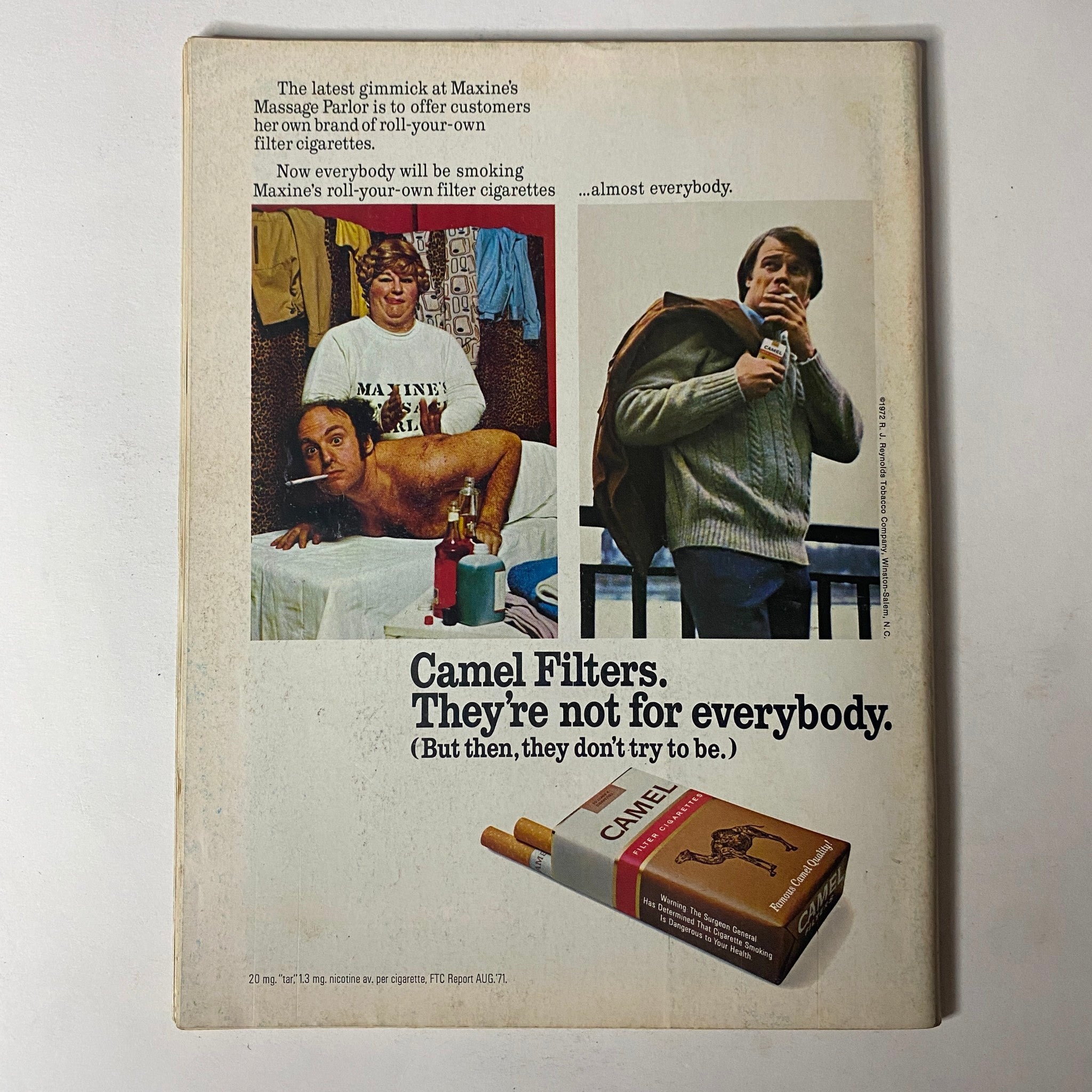 Back cover of Car Craft Magazine June 1972 Vol 20 No. 6 featuring an advertisement for Camel Filters cigarettes, showcasing different individuals and emphasizing the tagline 'They're not for everybody.'