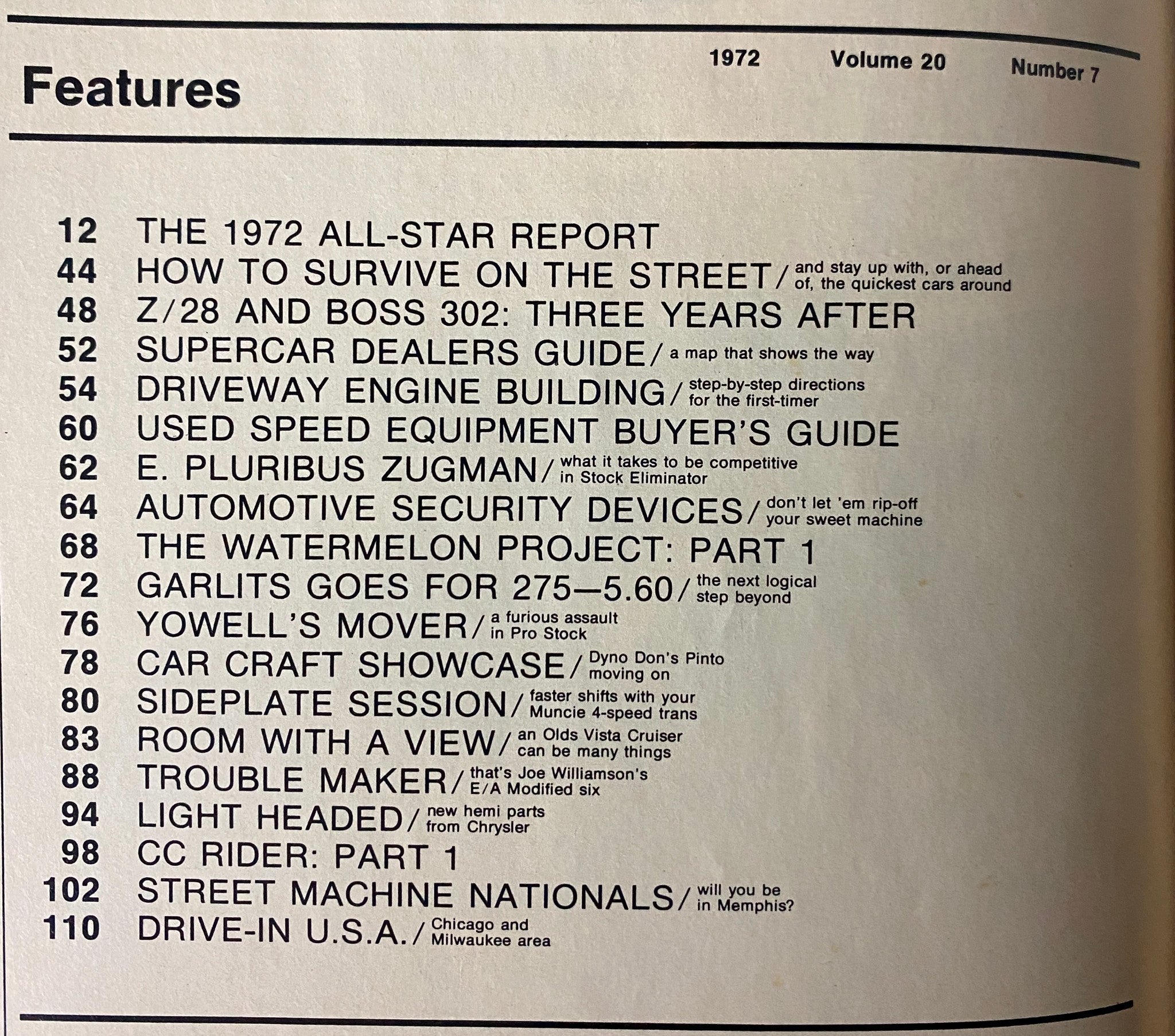 Table of contents page from Car Craft Magazine July 1972, Volume 20, No. 7, listing features including 'Garlits Goes for 275 MPH' and 'How to Survive on the Street'.