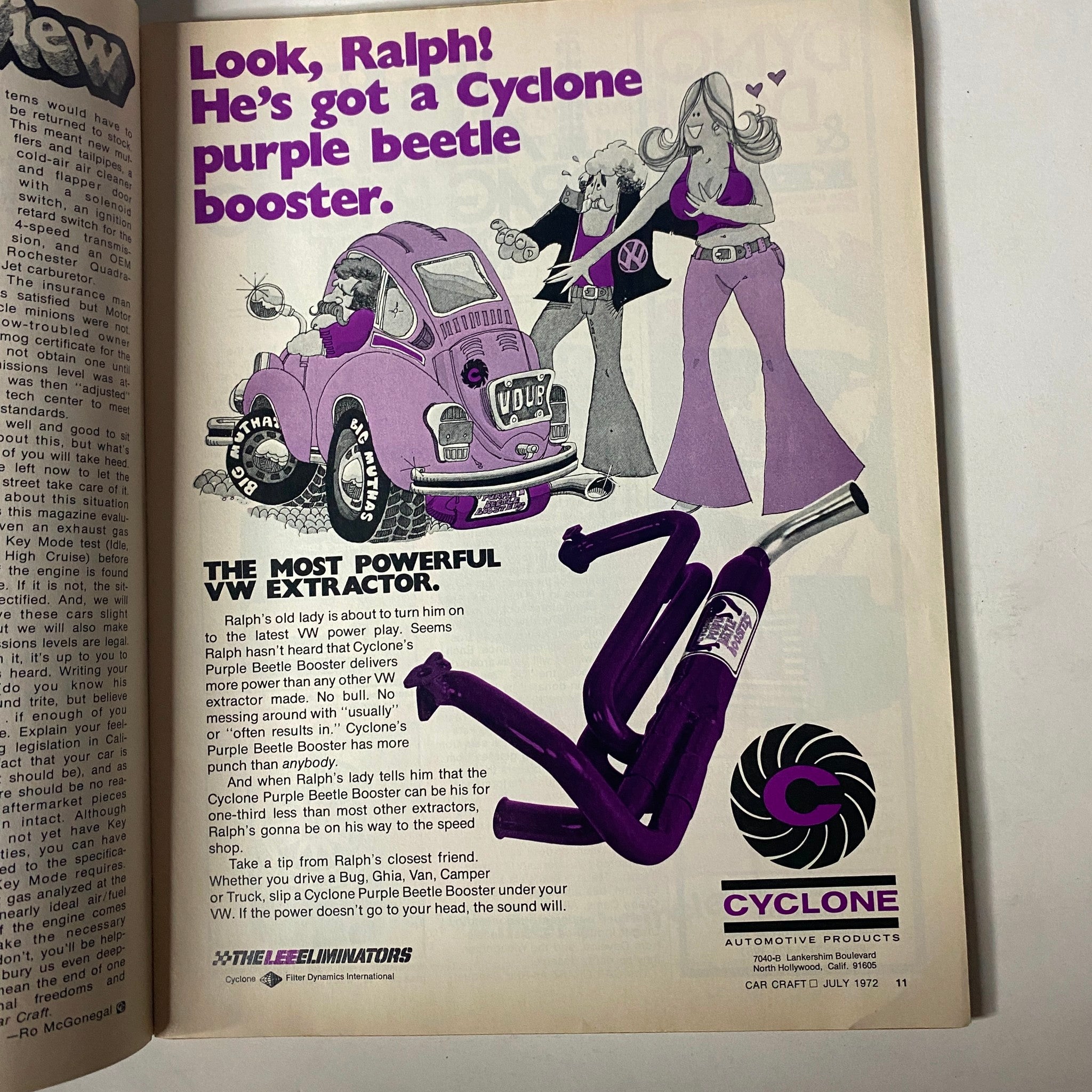 Advertisement from Car Craft Magazine July 1972 promoting a Cyclone product, featuring artwork of a purple beetle booster and cartoon characters.