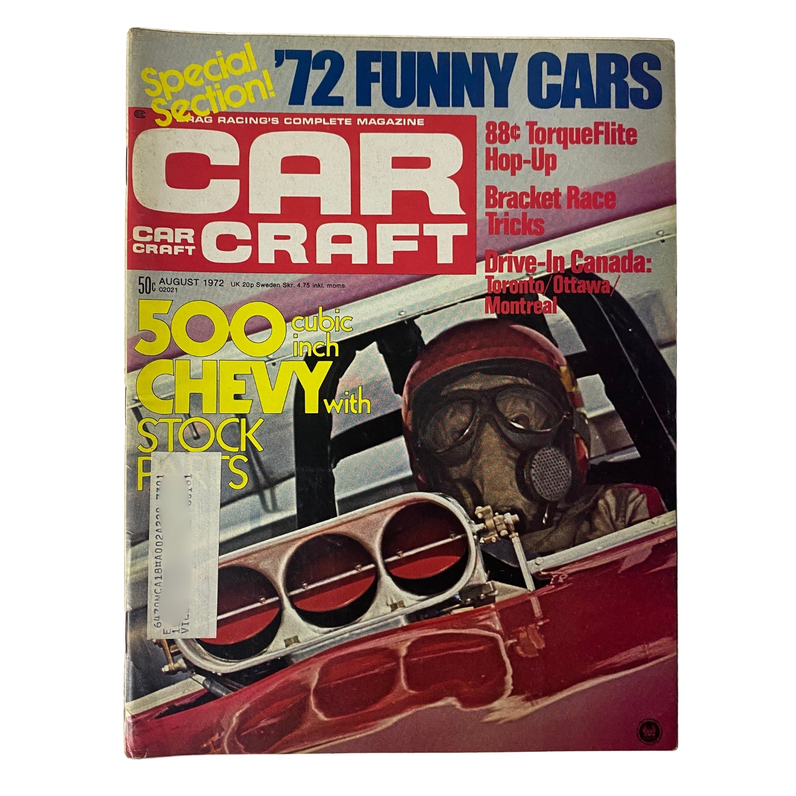 Cover of Car Craft Magazine August 1972 featuring Barry Setzer's Vega Funny Car, highlighting a special Funny Car section and various racing topics.