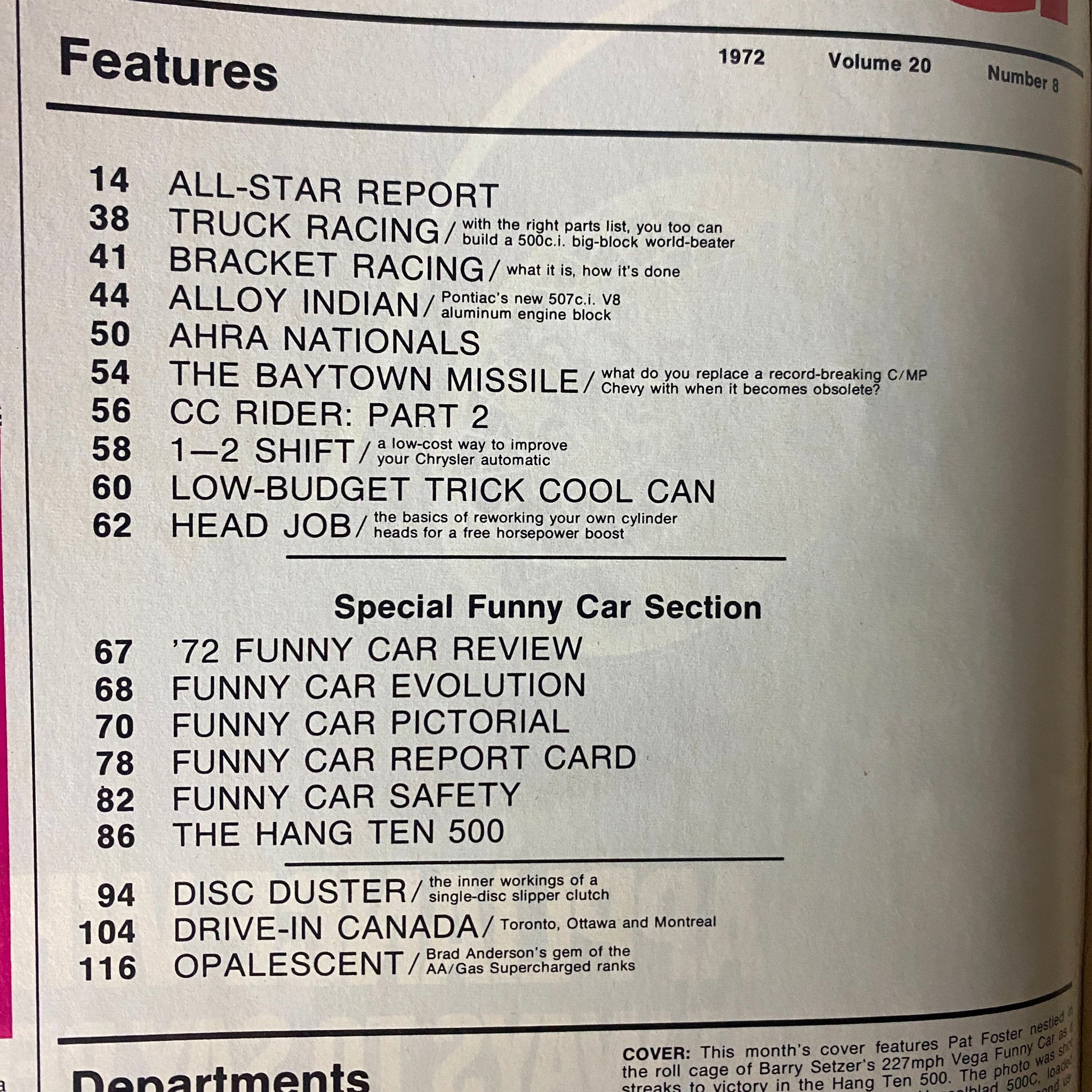 Contents page of Car Craft Magazine August 1972 Vol. 20 No. 8, listing features including truck racing, bracket racing, and a special Funny Car section.
