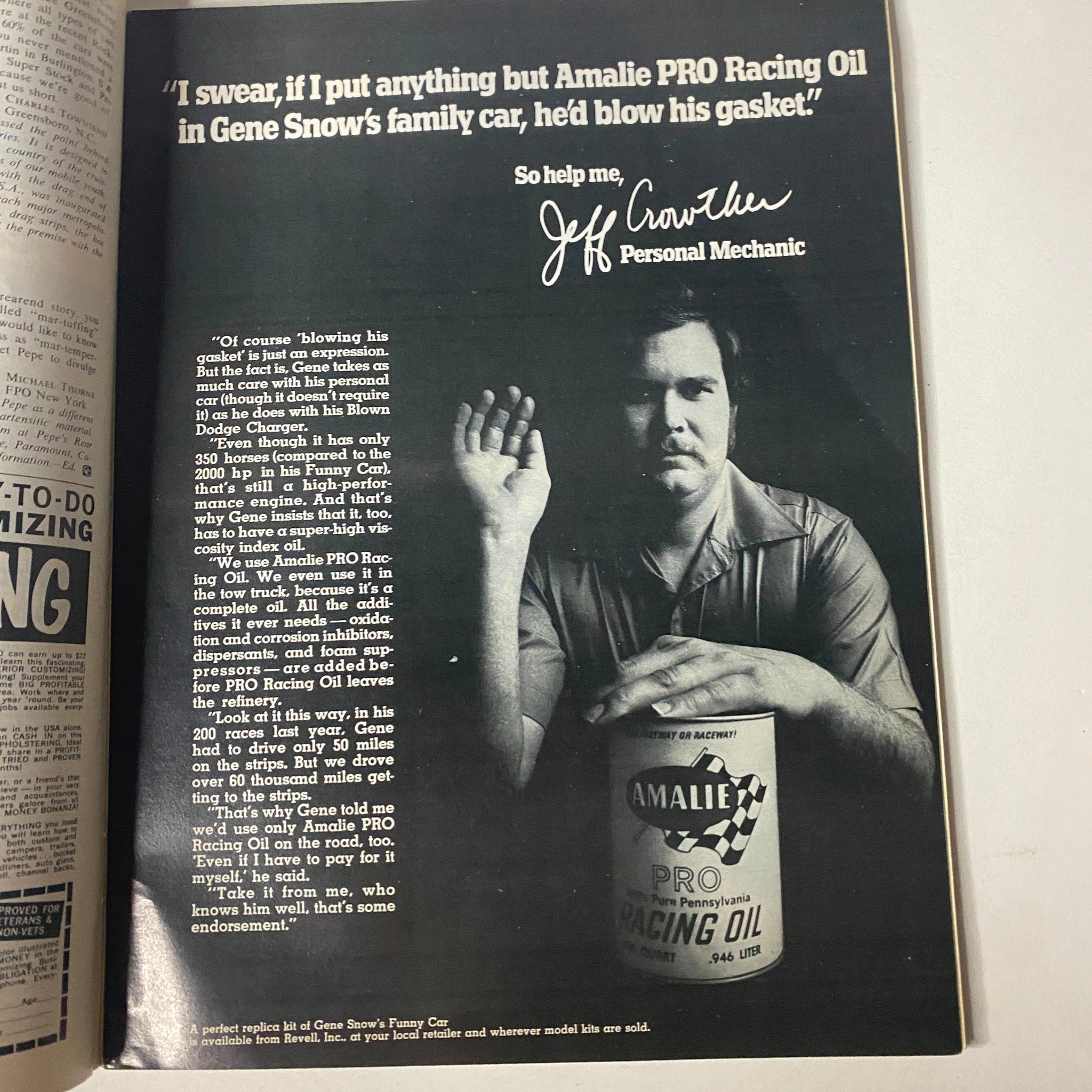 Advertisement in Car Craft Magazine August 1972 featuring Jeff Crook, personal mechanic, promoting Amalie PRO Racing Oil for drag racing cars.
