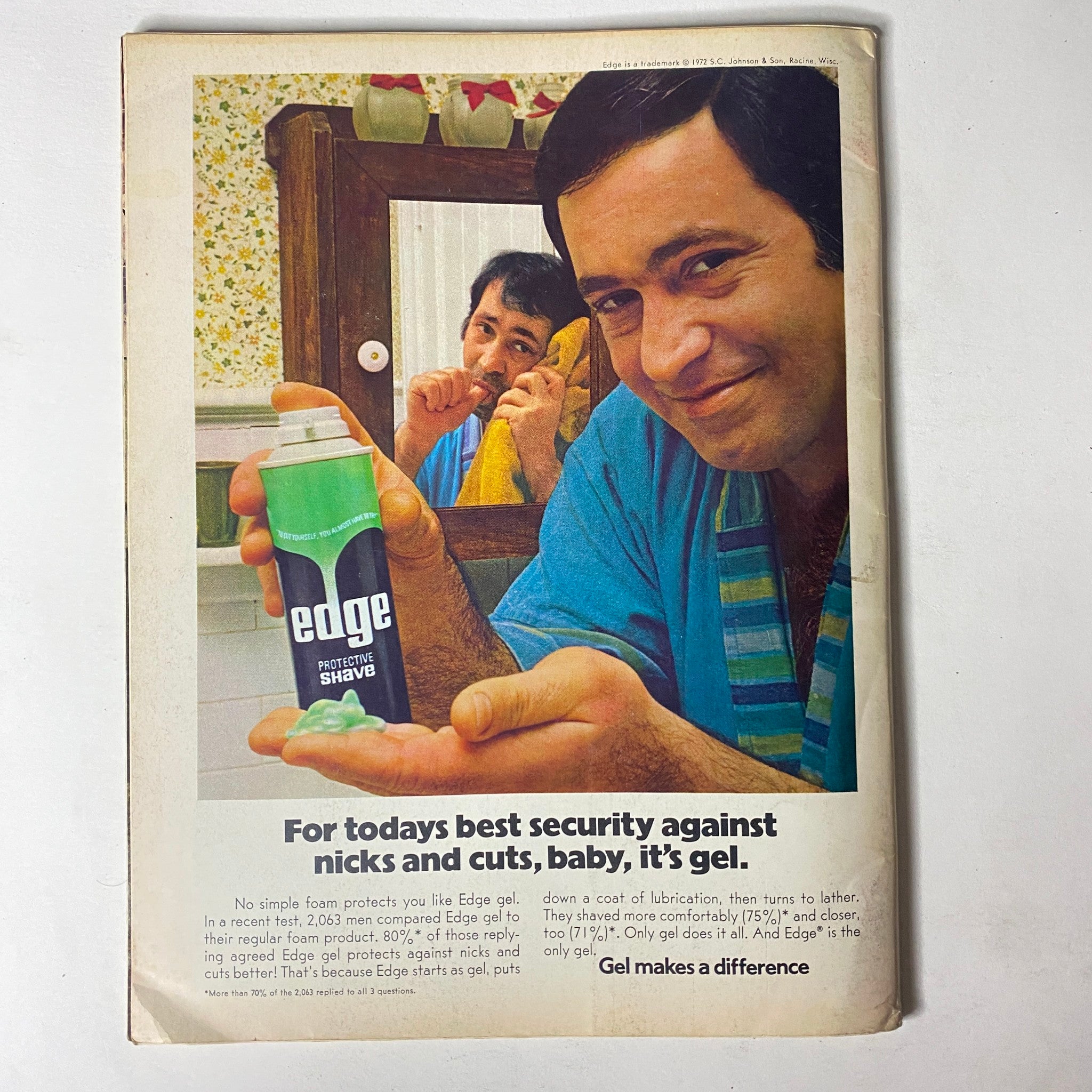 Advertisement in the back of Car Craft Magazine August 1972 showcasing Edge shaving gel with a man demonstrating its use, emphasizing its benefits.