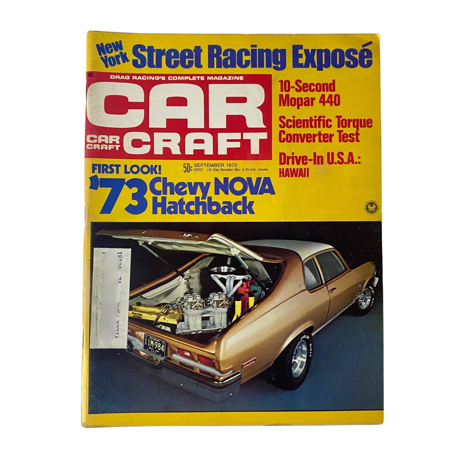Car Craft Magazine September 1972 featuring the '73 Chevy Nova Hatchback first look, showcasing drag racing and auto performance topics.