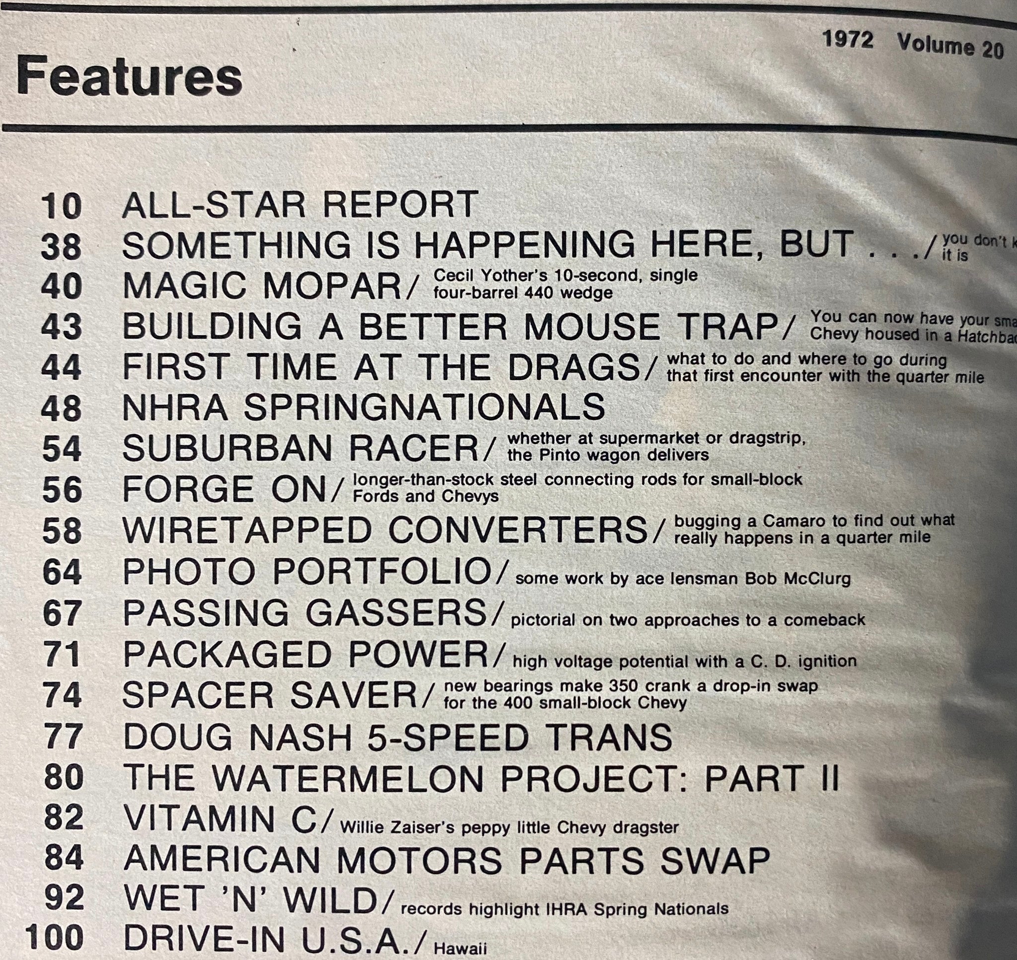Table of contents from Car Craft Magazine September 1972, highlighting articles like All-Star Report, Magic Mopar, and Building a Better Mouse Trap.