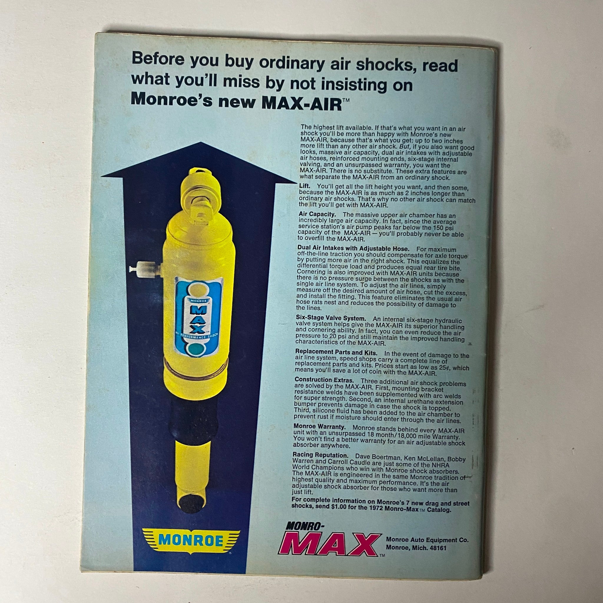 Advertisment in Car Craft Magazine September 1972 for Monroe's Max-Air air shocks, emphasizing their features and benefits.