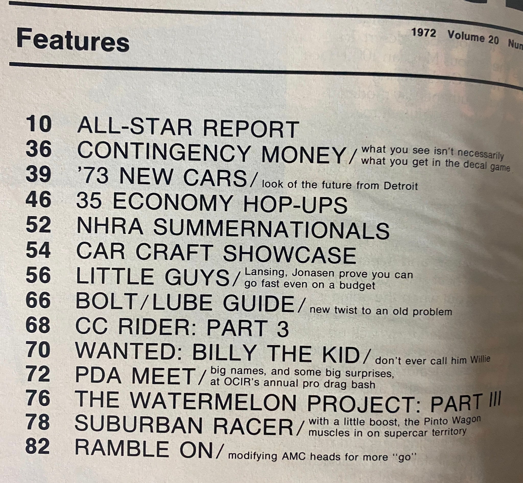 Table of contents from Car Craft Magazine October 1972 featuring Billy The Kid Stepp's Pro Stock Dodge Demon, including sections like All-Star Report, NHRA Summernationals, and The Watermelon Project.