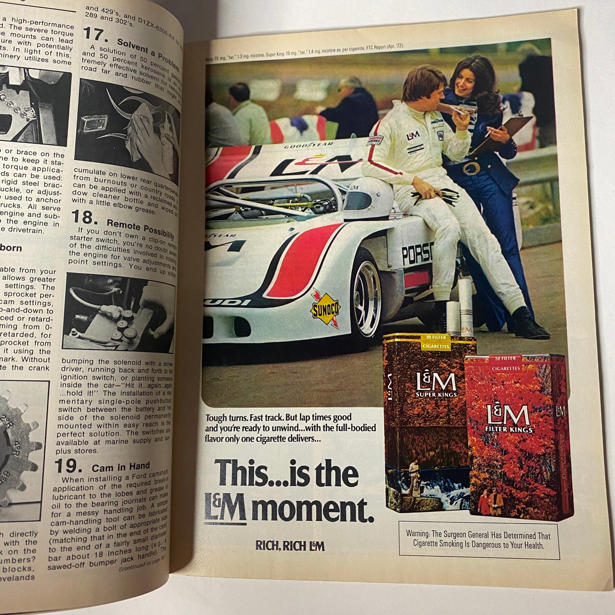 Advertisement from Car Craft Magazine October 1972 showcasing a racing Porsche and highlighting L&M Cigarettes, with a focus on performance and lifestyle.