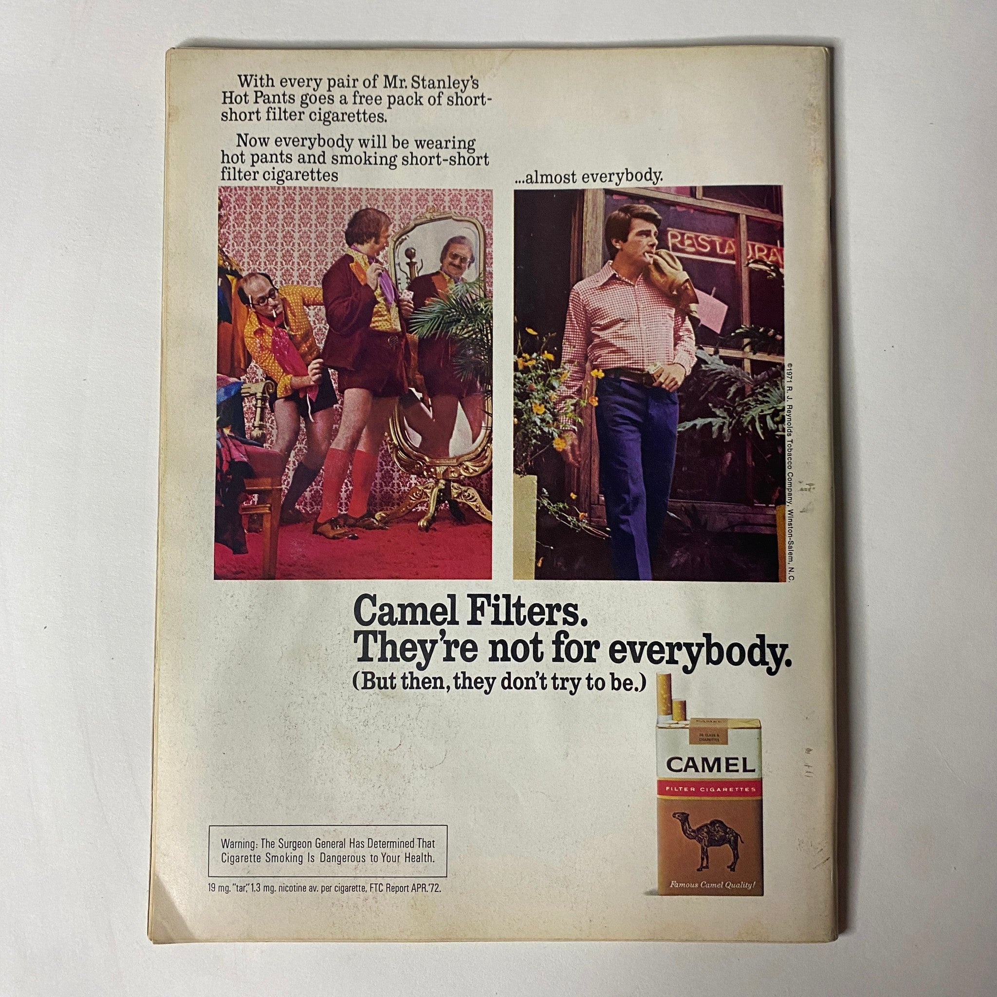 Back cover of Car Craft Magazine October 1972 featuring a Camel Filters advertisement with a humorous twist about cigarette smoking, promoting their brand with a unique approach.