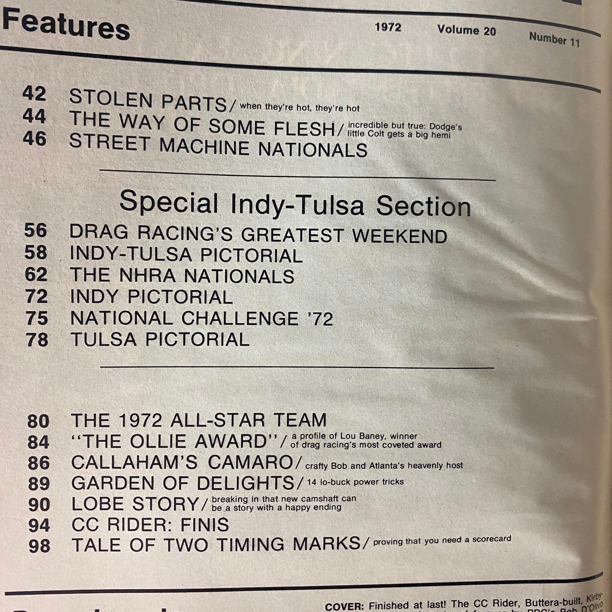Contents page of Car Craft Magazine November 1972 Vol 20 No. 11 detailing articles such as 'Stolen Parts', 'The Way of Some Flesh', and special Indy-Tulsa event coverage.