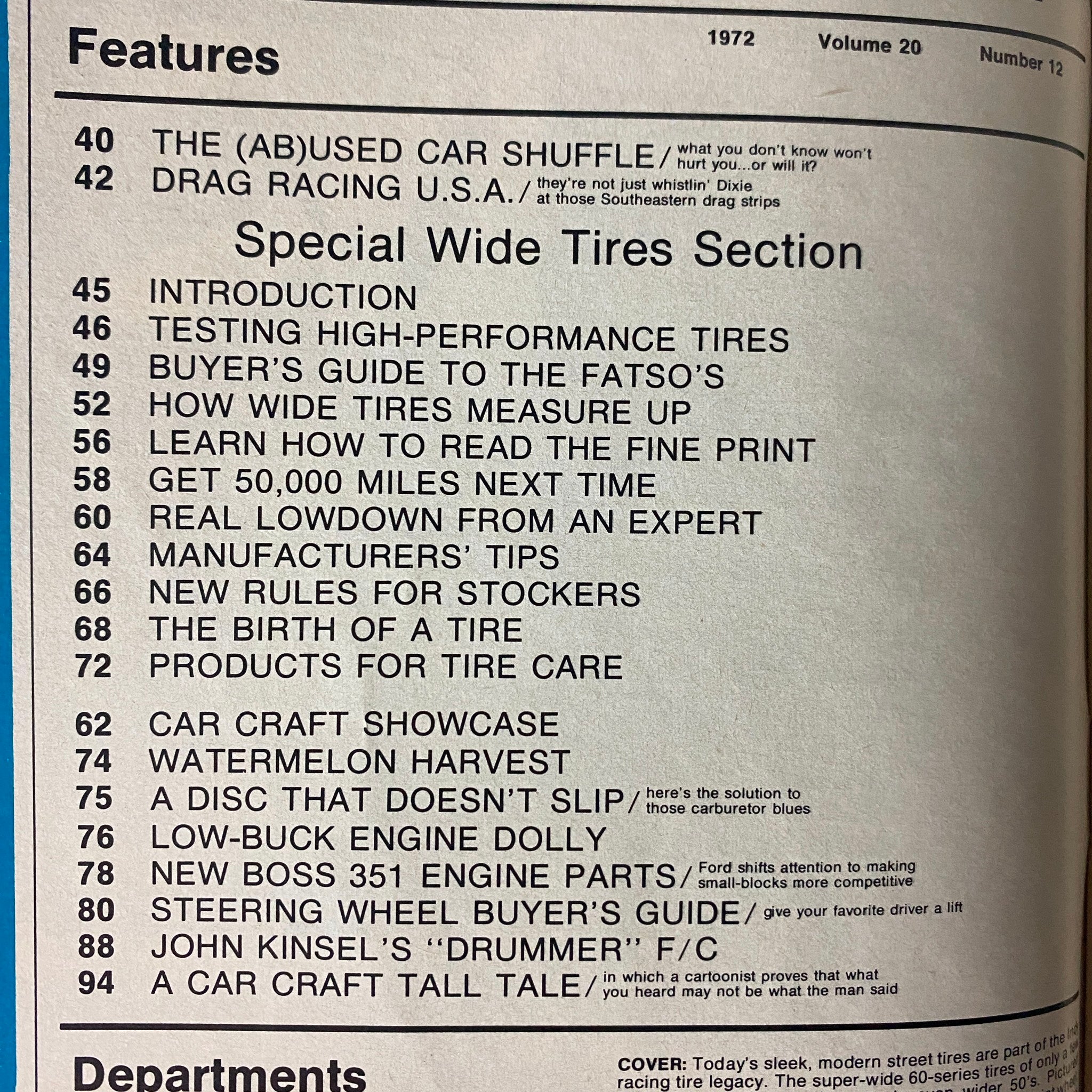Contents page of Car Craft Magazine December 1972 Vol 20 No. 12, listing features including 'The (AB)USED Car Shuffle' and 'Special Wide Tires Section' with various articles on tire performance and care.