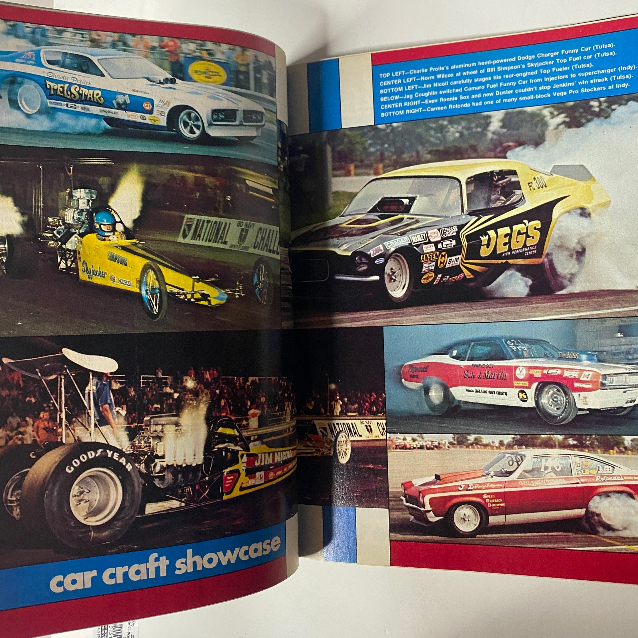 Interior spread from Car Craft Magazine December 1972 Vol 20 No. 12 showcasing vibrant images of drag racing cars in action, highlighting the magazine’s focus on automotive performance.