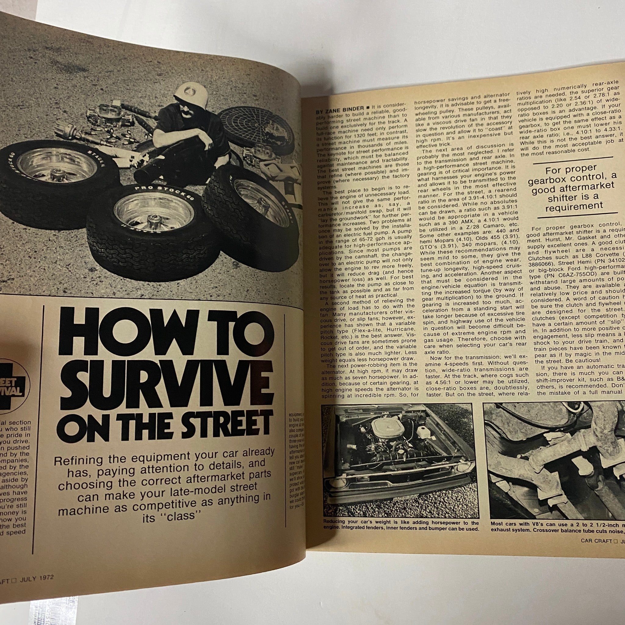 An interior page from Car Craft Magazine July 1972 showing an article titled 'How to Survive on the Street', emphasizing automotive performance and gear recommendations.
