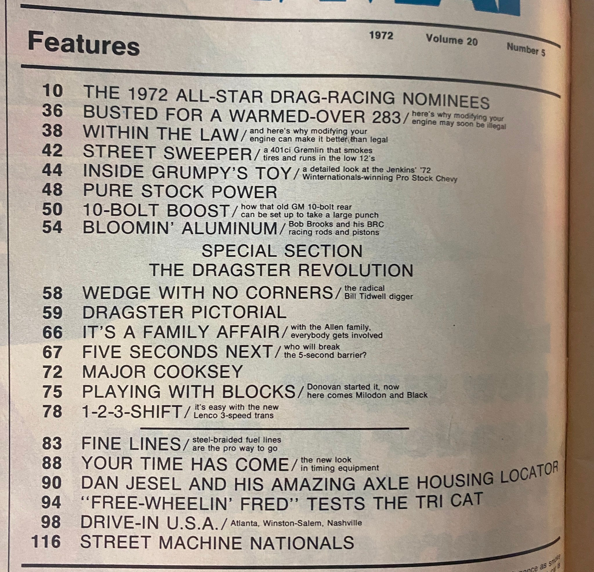 Table of contents from Car Craft Magazine May 1972 Vol 20 No. 5, listing features including the Dragster Revolution and other drag racing articles.