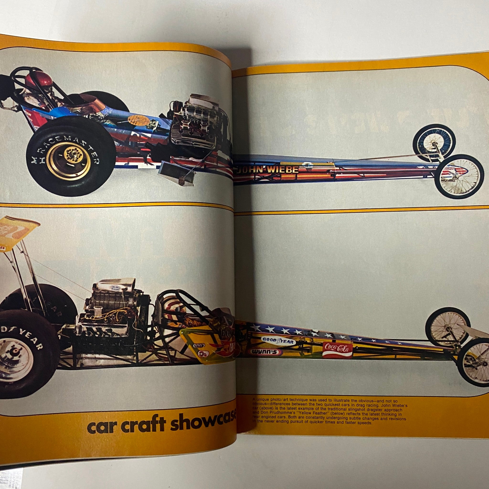 Inside pages of Car Craft Magazine May 1972 Vol 20 No. 5 showing two featured drag racing cars, highlighting innovation in the drag racing scene.