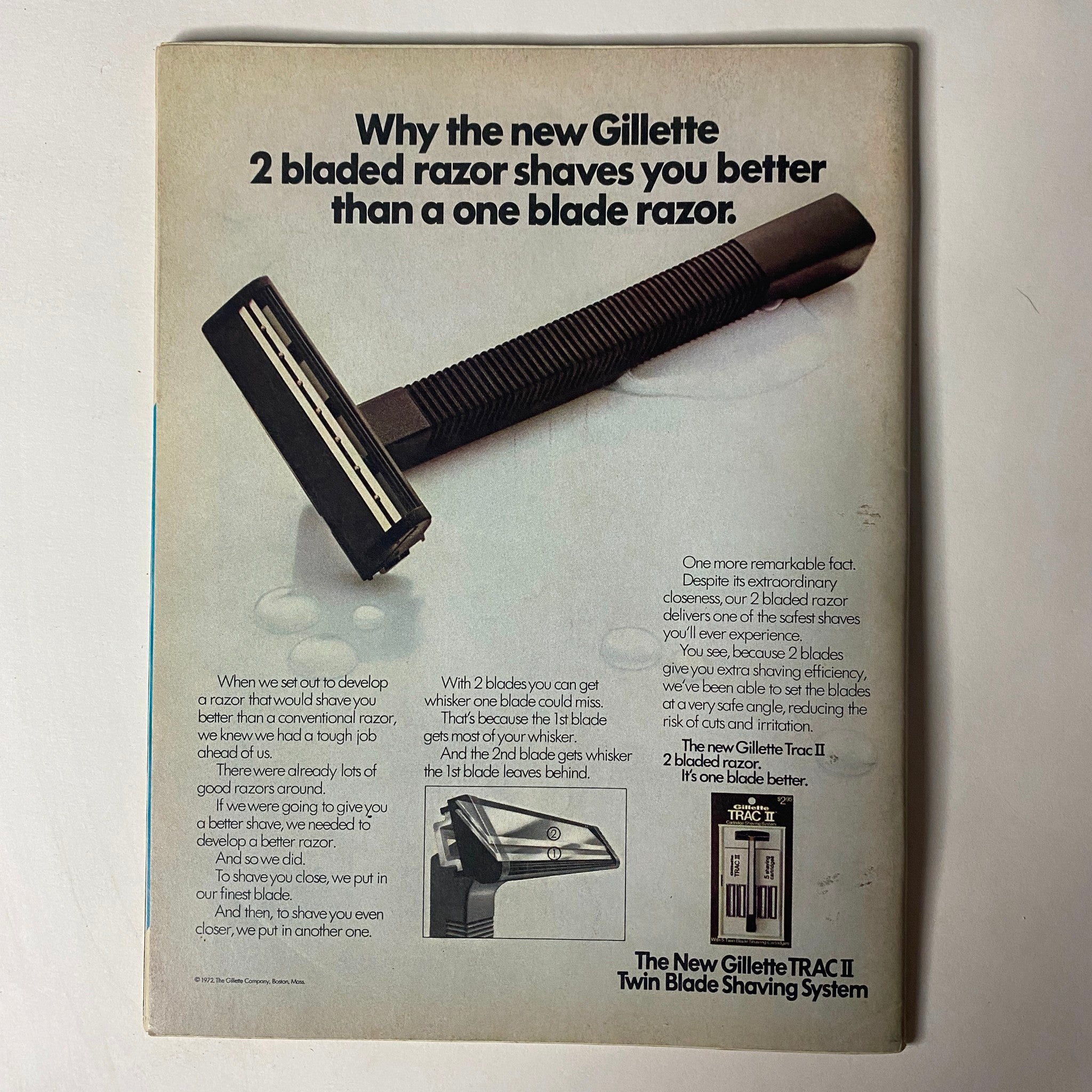 Back cover of Car Craft Magazine May 1972 Vol 20 No. 5 featuring an advertisement for the Gillette Twin Blade Razor, emphasizing its benefits.