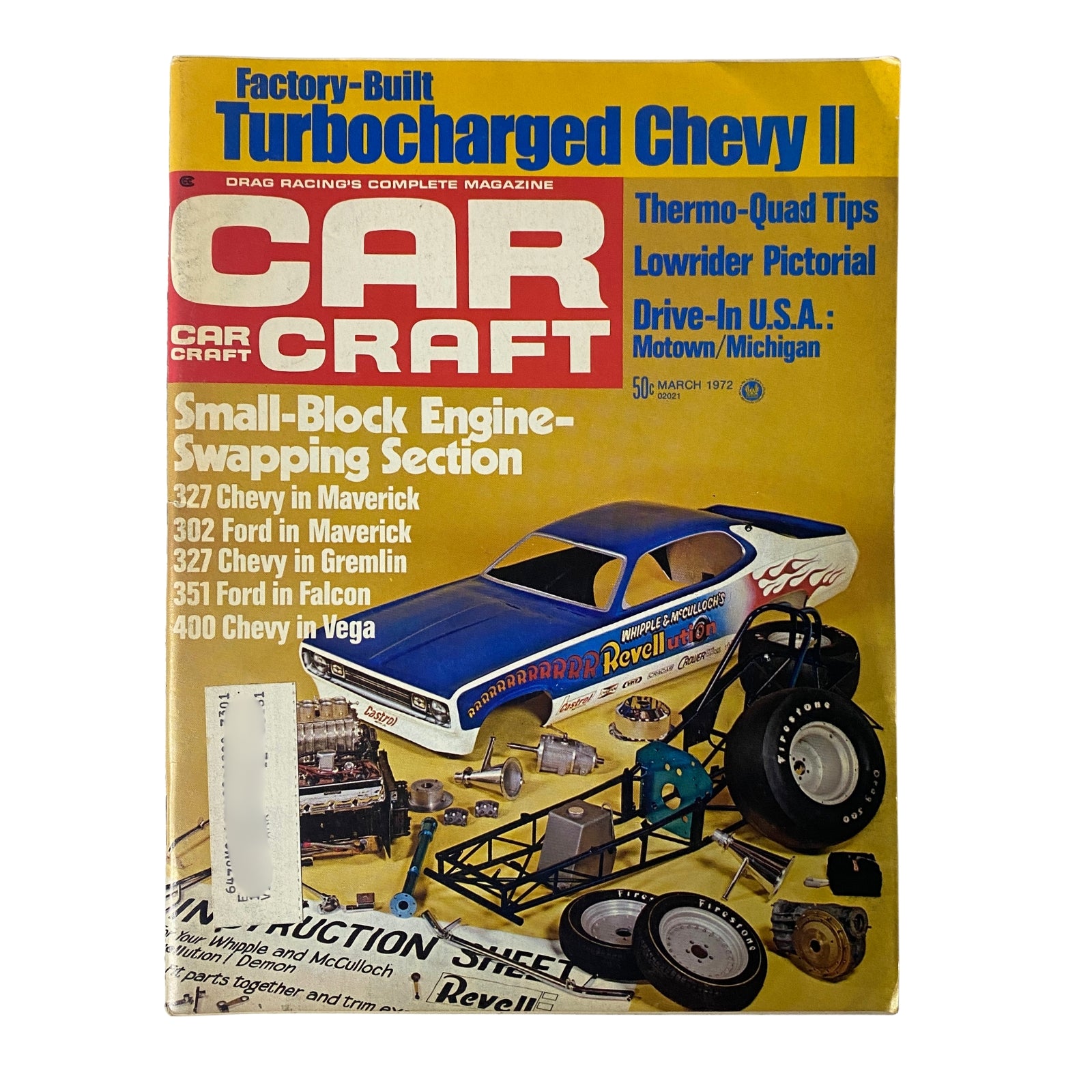 Car Craft Magazine March 1972 cover featuring a factory-built Turbocharged Chevy II with a highlighting 4-Speed Spotter’s Guide.