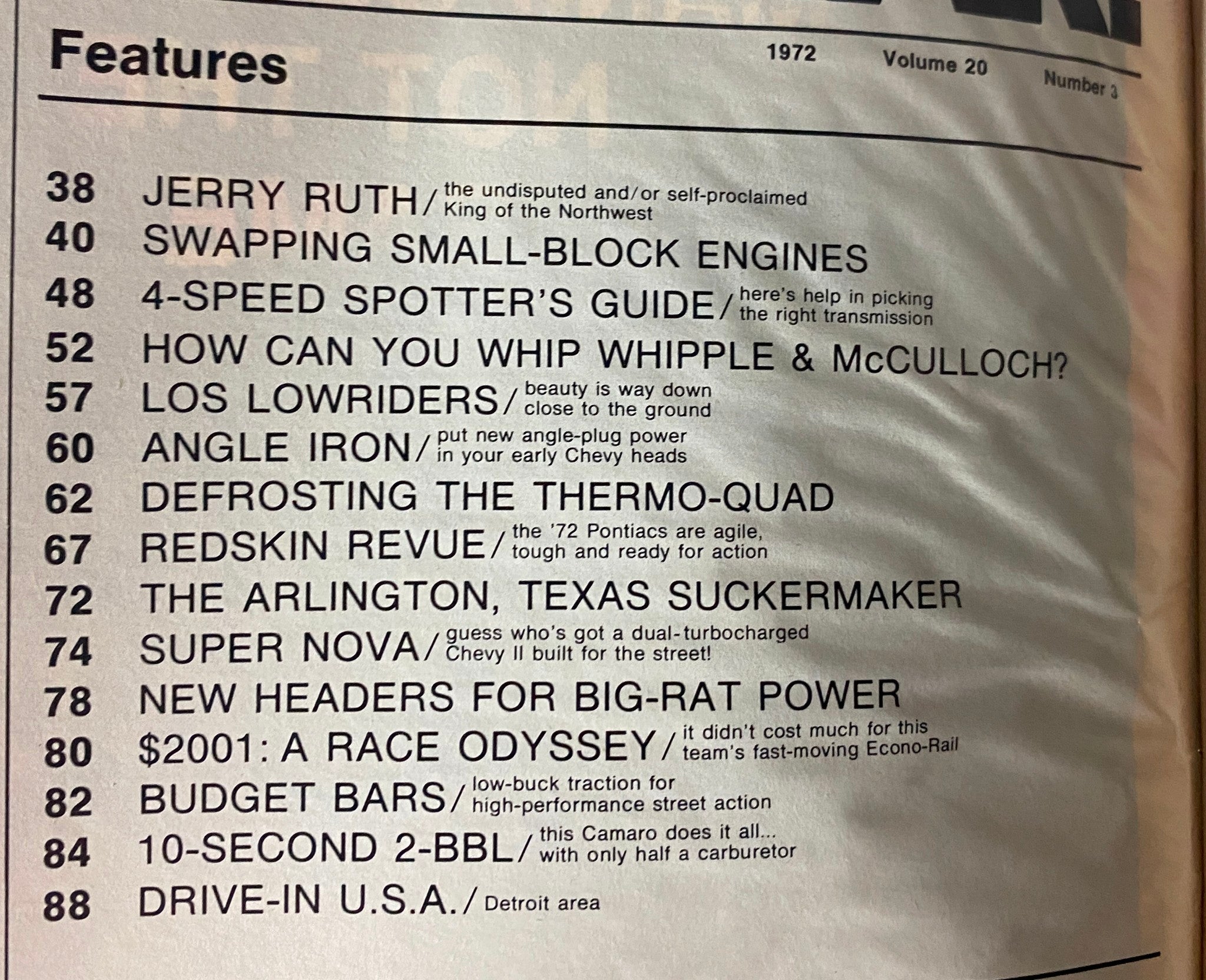 Inside feature pages from Car Craft Magazine March 1972 showcasing articles including Jerry Ruth and Swapping Small-Block Engines.
