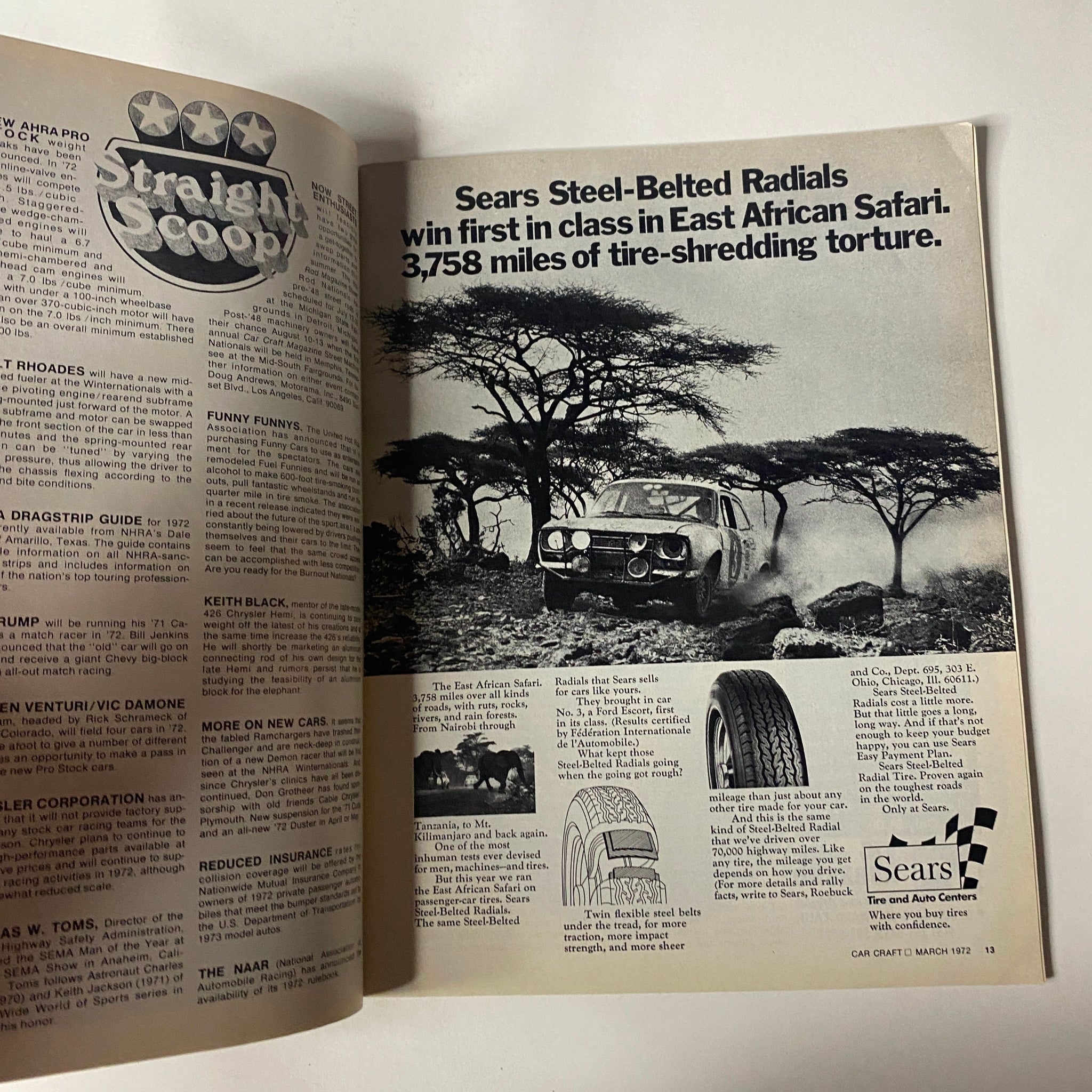 A promotional page from Car Craft Magazine March 1972 advertising Sears Steel-Belted Radials in a safari setting.