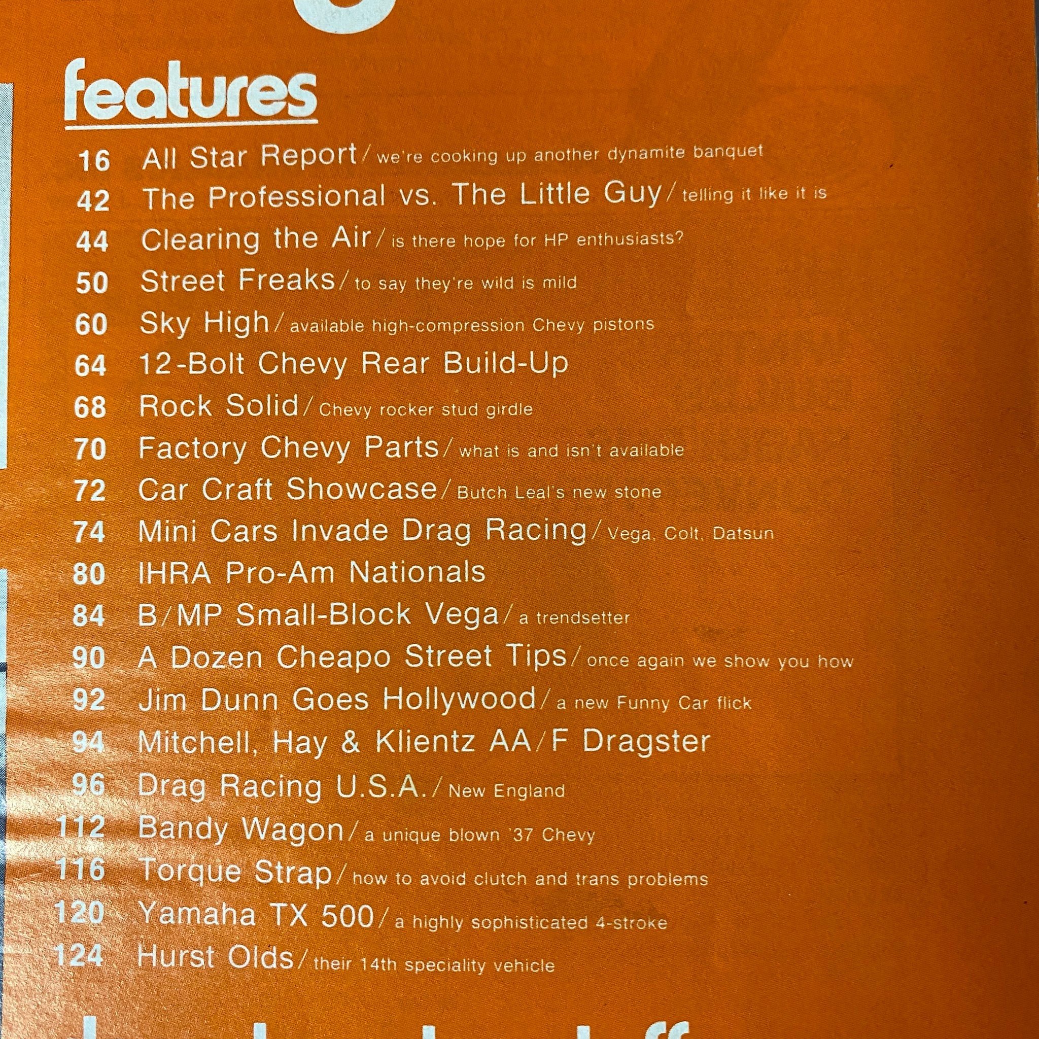 Car Craft Magazine August 1973 features a table of contents including articles like 'All Star Report', 'The Professional vs. The Little Guy', and 'A Dozen Cheapo Street Tips'.