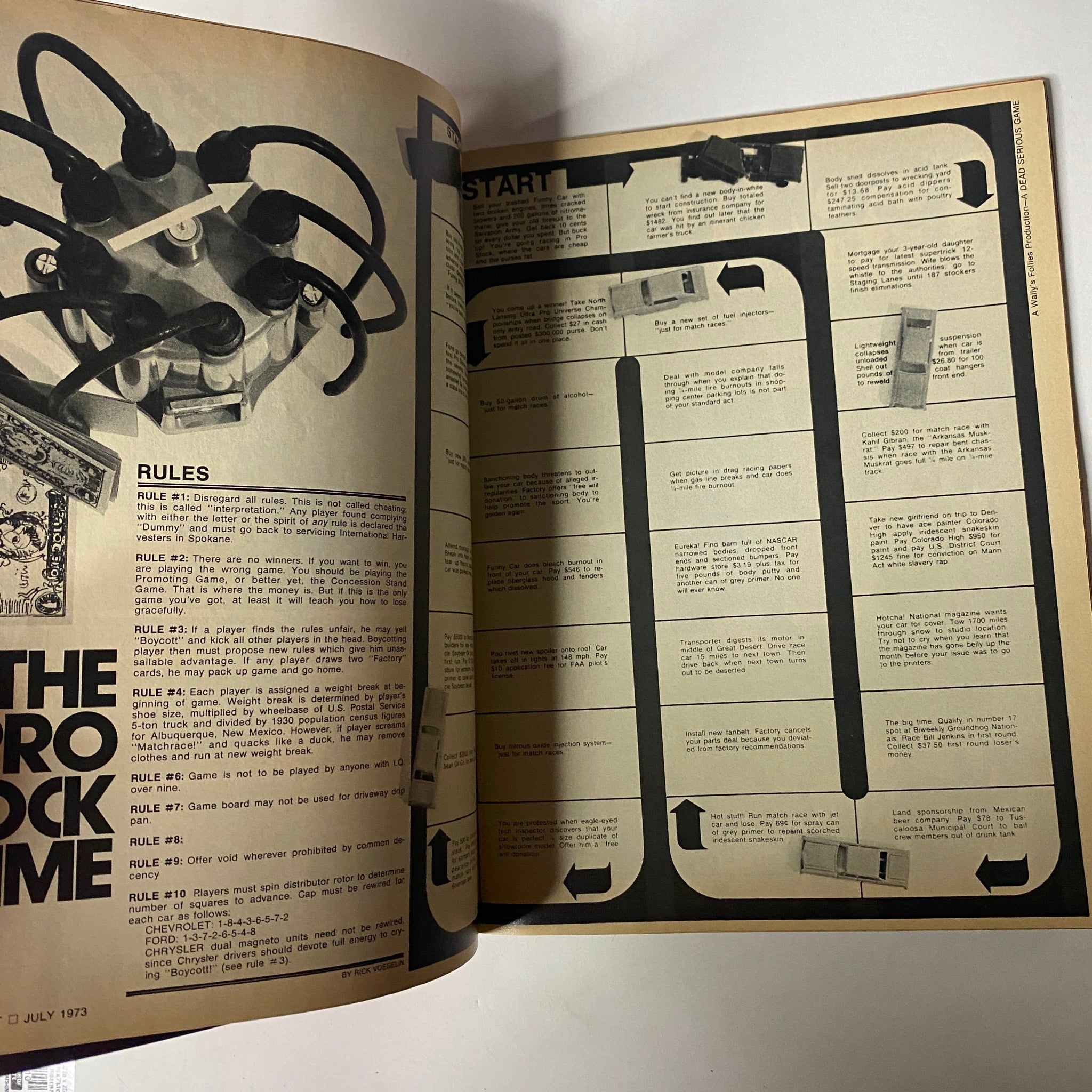 A page from 'Car Craft Magazine' July 1973, showcasing the Pro Stock Game layout and rules, part of the issue featuring a Twin Camaro Test: Z/28 vs 350ci LT.