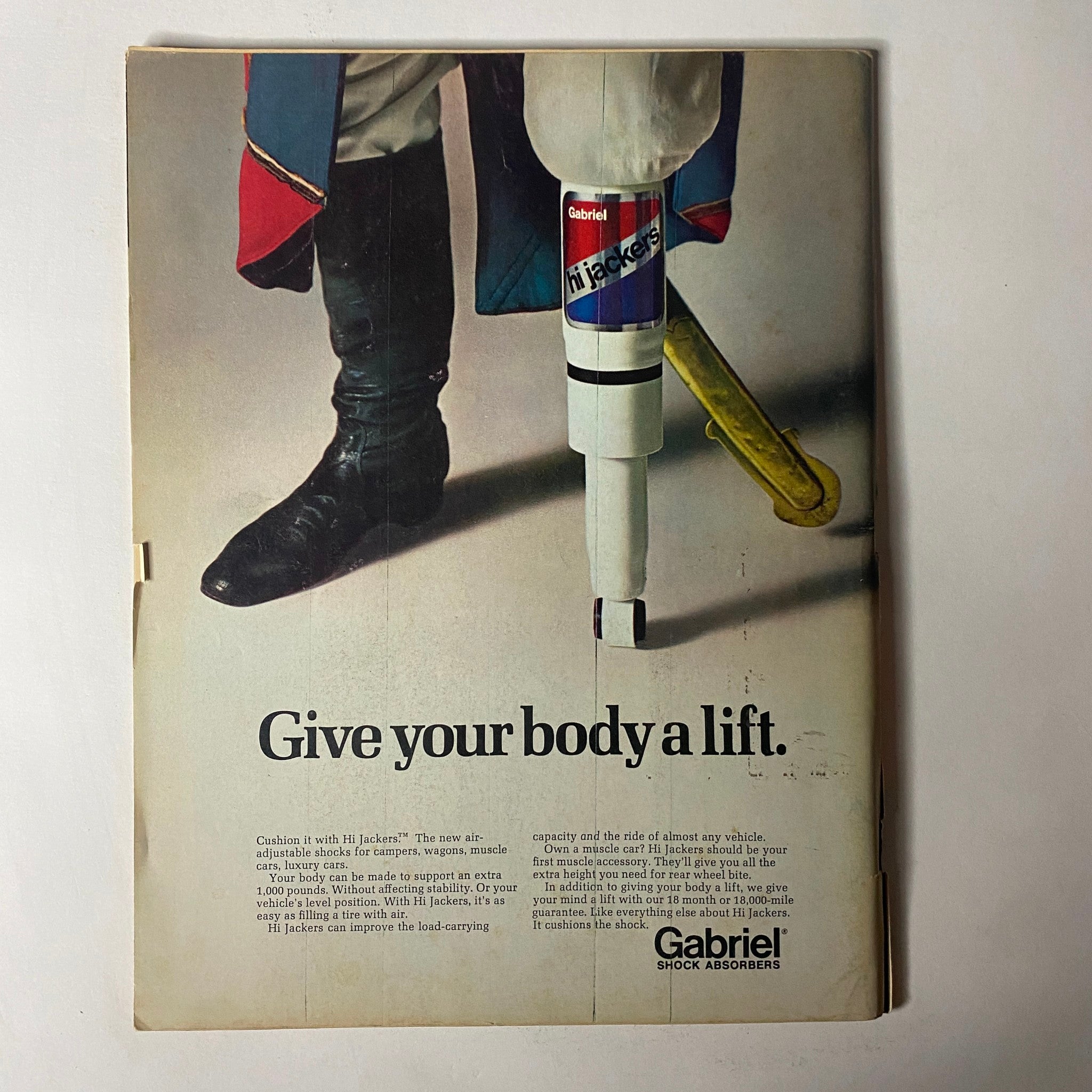 The back cover of 'Car Craft Magazine' July 1973, featuring an advertisement for Gabriel Shock Absorbers, with the tagline 'Give your body a lift'.