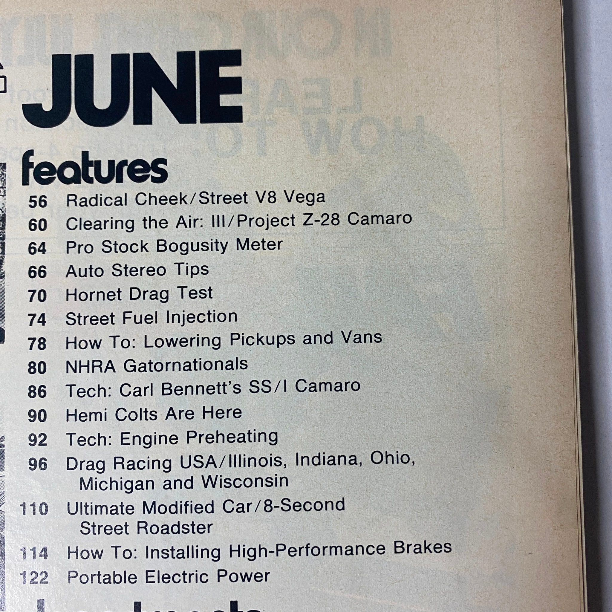 Contents page from Car Craft Magazine June 1973 highlighting articles including radical cheek, pro stock bogosity meter, and how-to guides on lowering pickups and high-performance brakes.