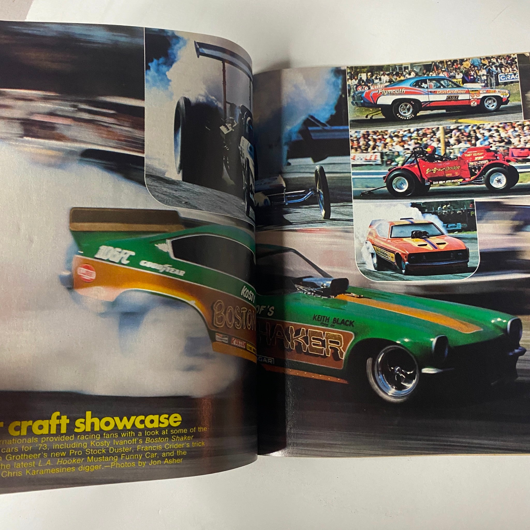 Action shots of drag racing in Car Craft Magazine June 1973 including classic cars and performance vehicles, illustrating the excitement of drag racing culture.