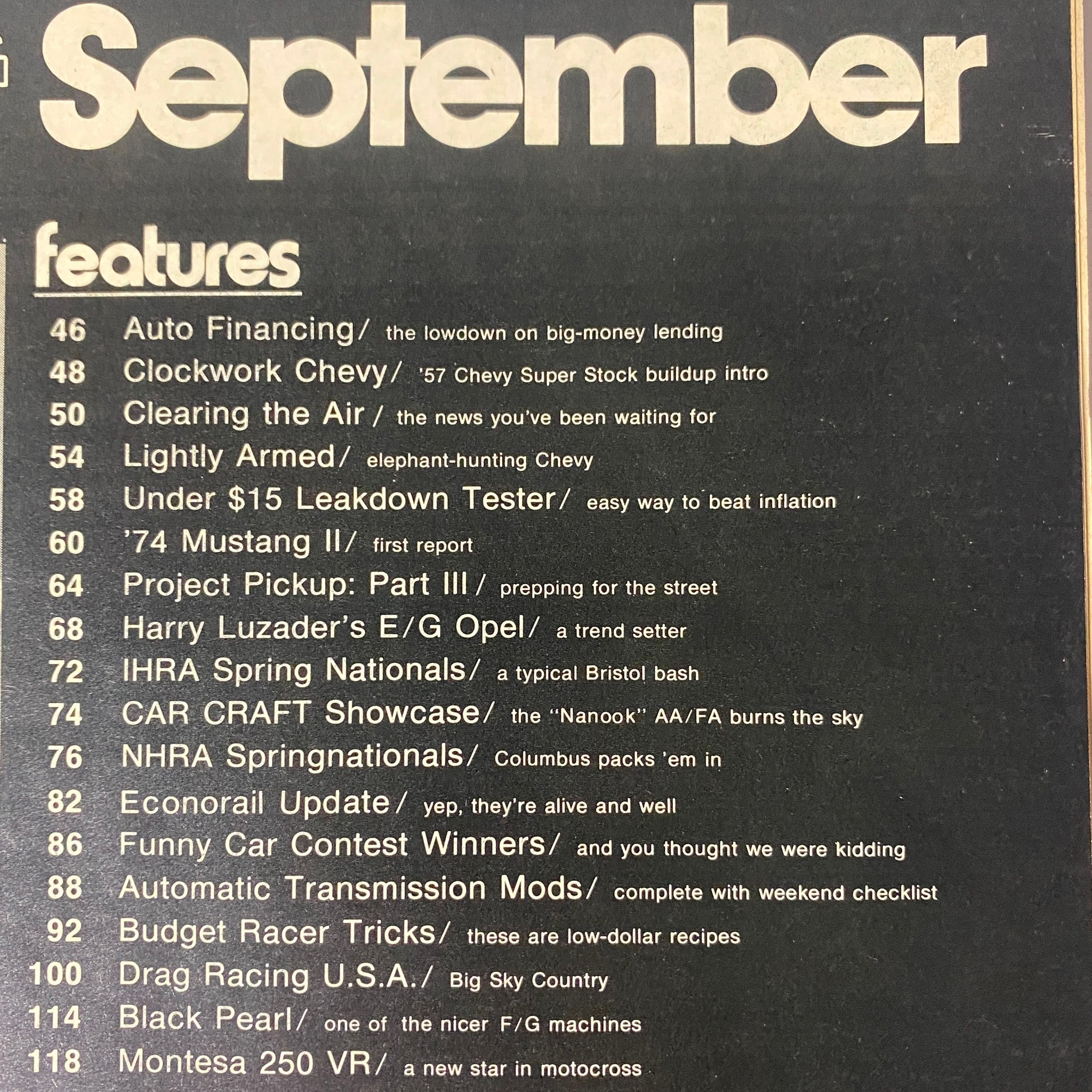 Table of contents page from Car Craft Magazine September 1973, listing features like '74 Mustang II V-6 road test and articles on auto financing and racing highlights.