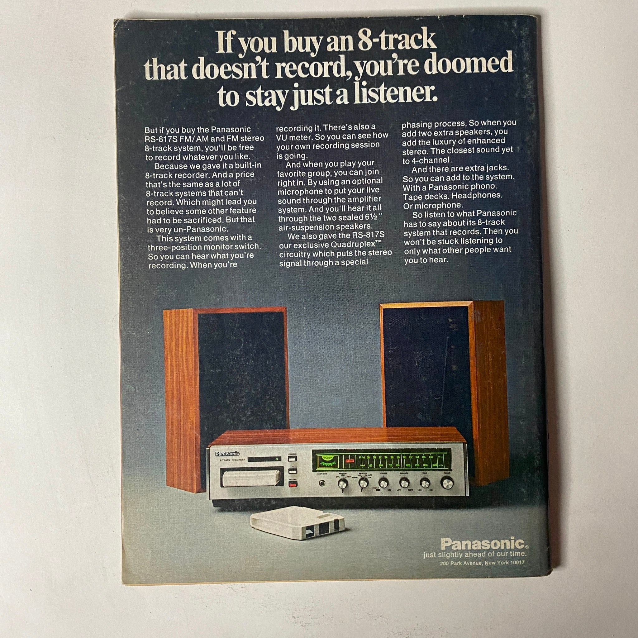 Back cover of Car Craft Magazine September 1973 featuring an advertisement for a Panasonic 8-track recorder with detailed description of features and functions.