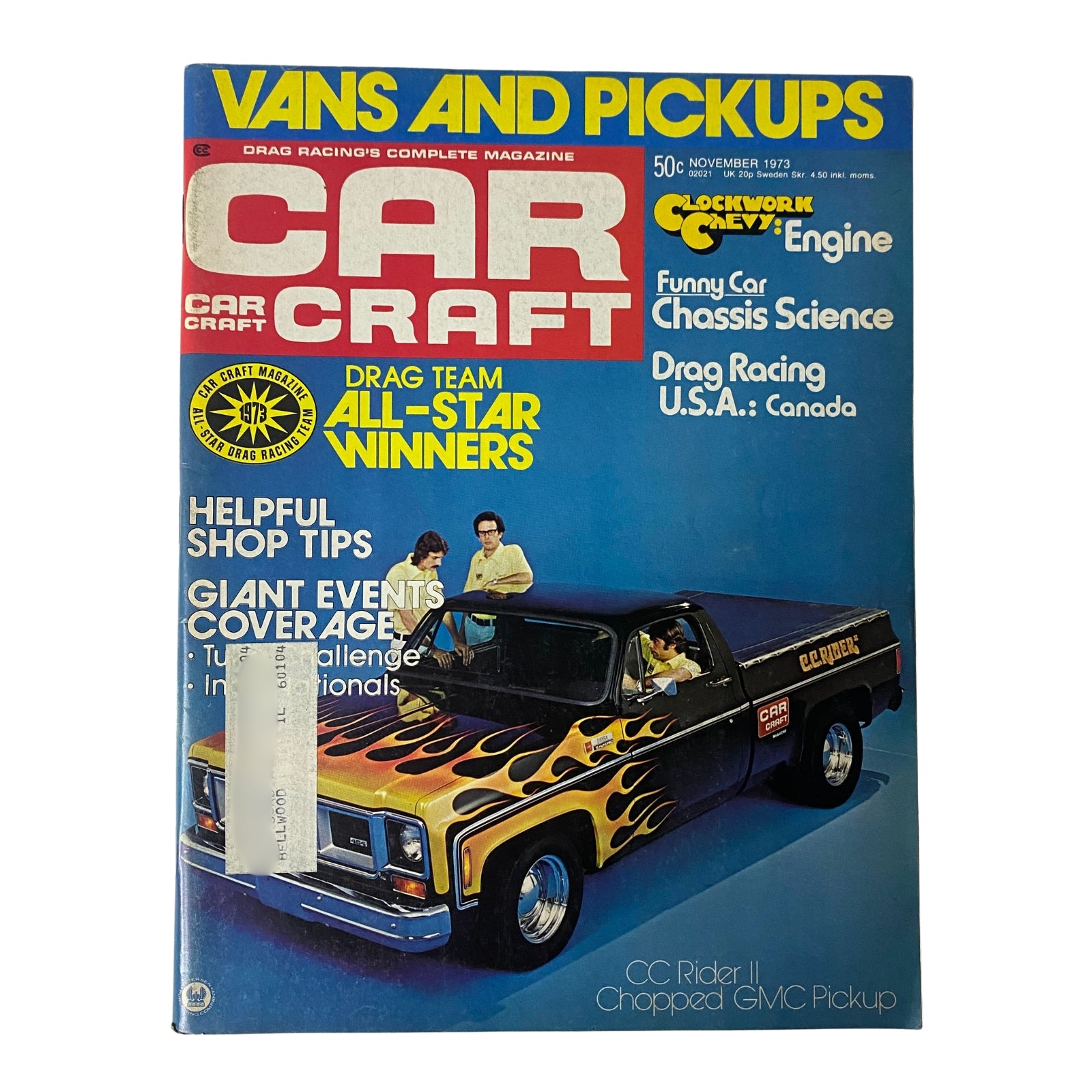 Cover of Car Craft Magazine November 1973 featuring CC Rider II Chopped GMC Pickup, highlighting drag racing, automotive features, and tech articles.