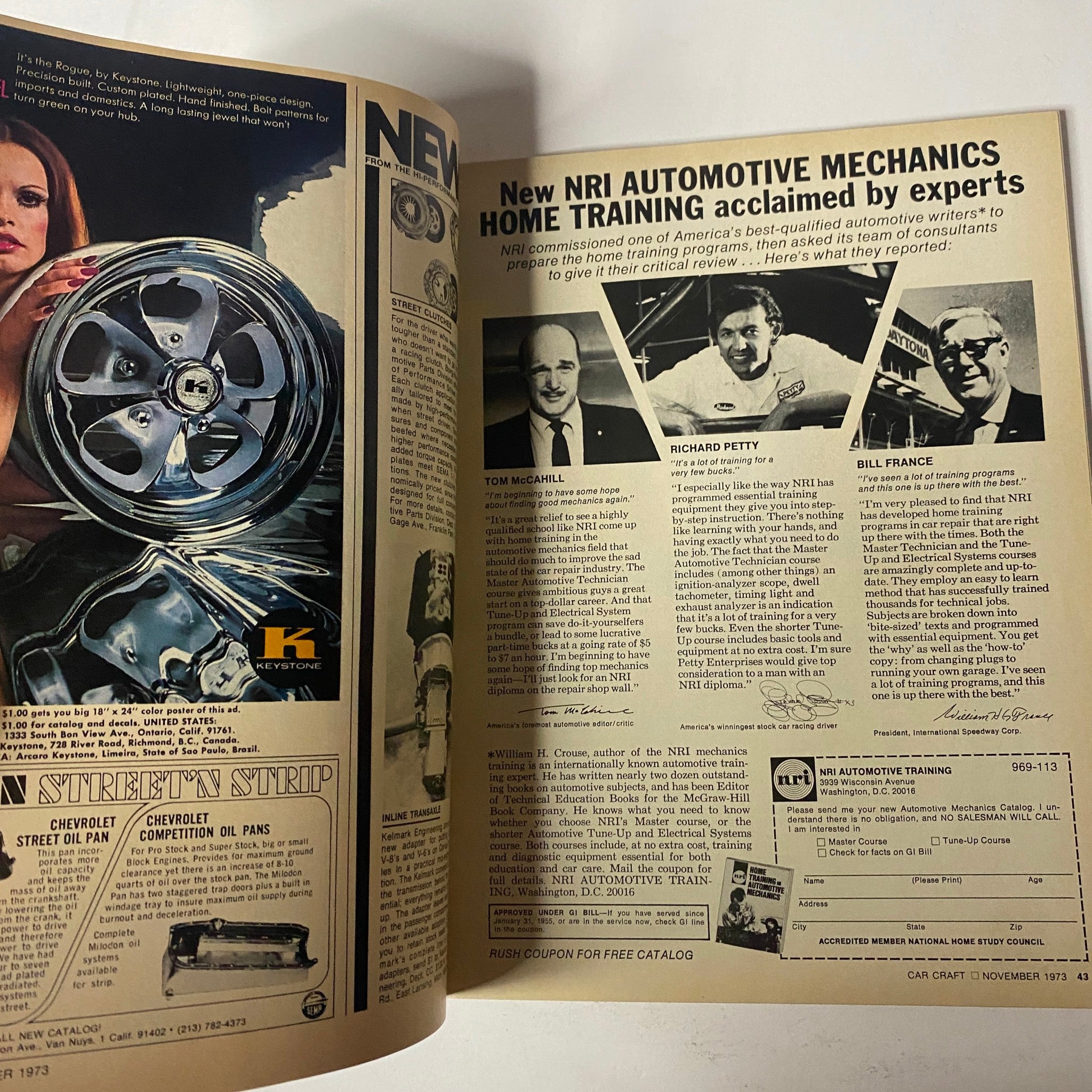 Inside page of Car Craft Magazine November 1973 featuring an advertisement for NRI Automotive Mechanics home training, showcasing automotive industry insights.