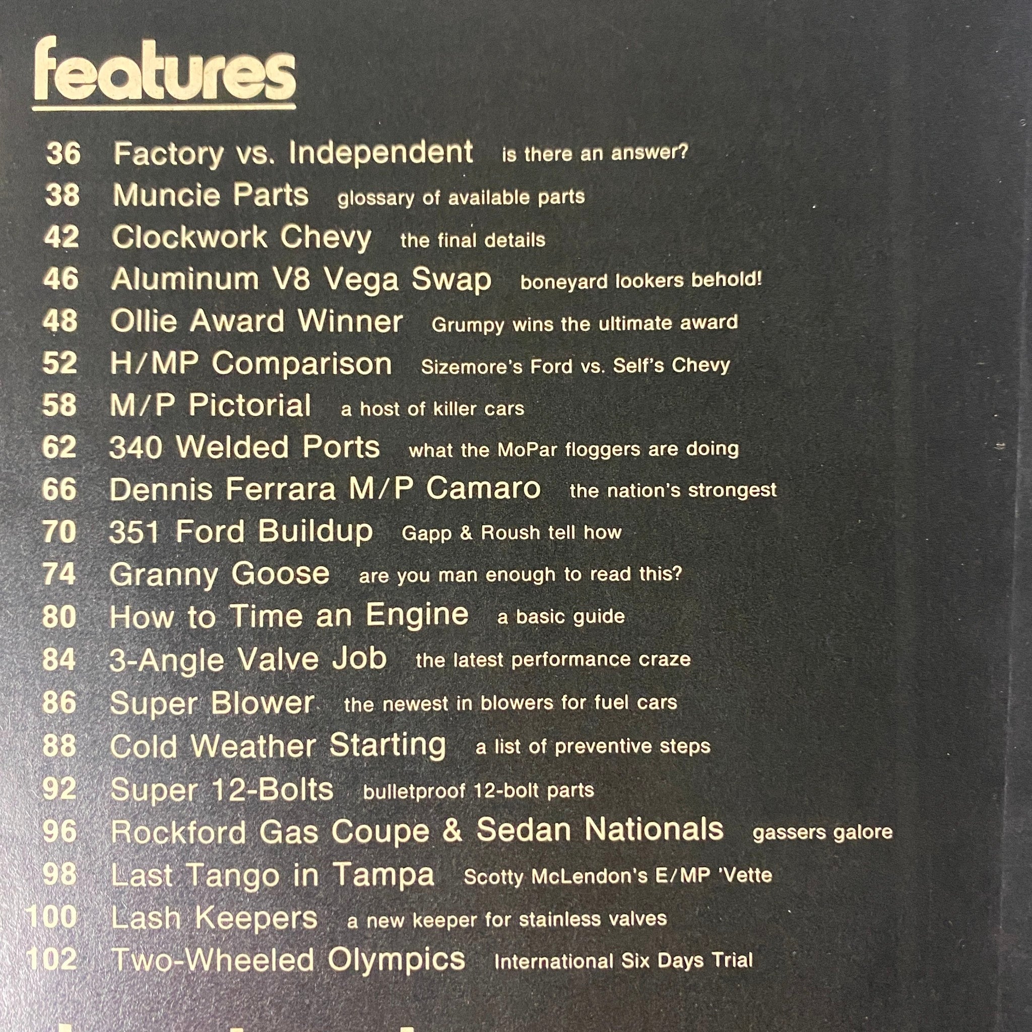 Contents page of Car Craft Magazine December 1973, outlining featured articles including Chevy vs. Ford H/MP comparison, Muncie parts, and performance tips for muscle car enthusiasts.