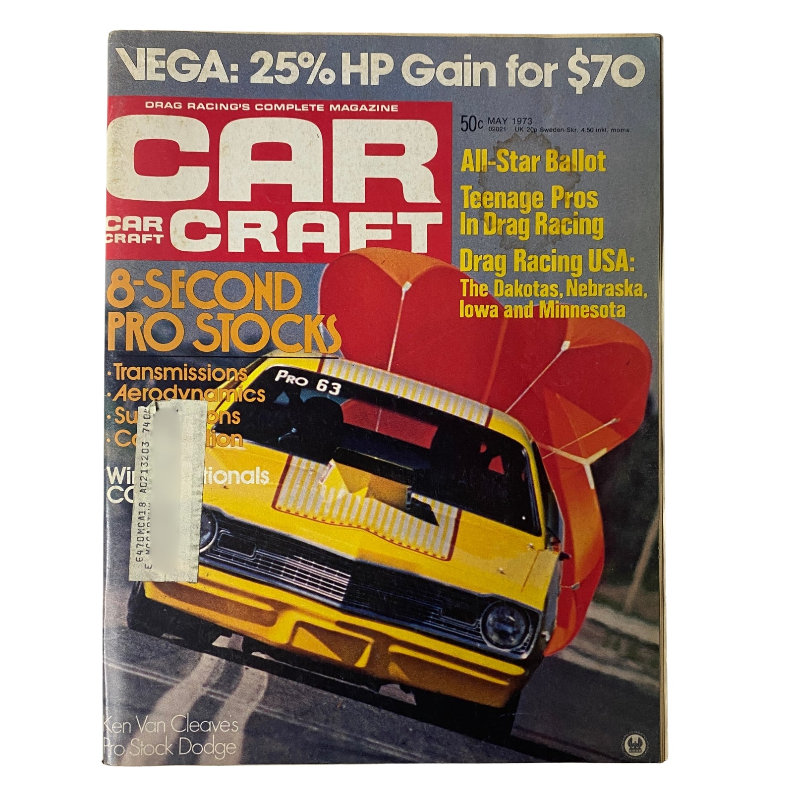 Cover of Car Craft Magazine May 1973 Vol 21 No. 5 featuring Teenage Pros in Drag Racing, showcasing a yellow car with bold text highlighting Pro Stock racing features.