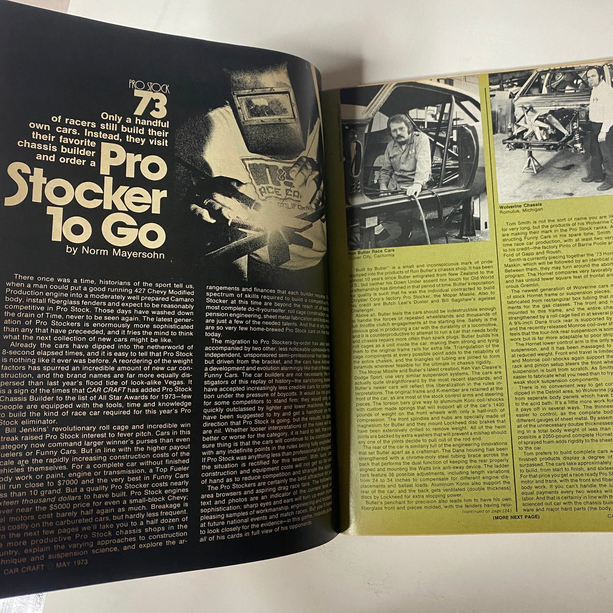 Spread in Car Craft Magazine May 1973 showcasing an article titled 'Pro Stock to Go' by Norm Mayersohn, discussing the process of building Pro Stock cars.