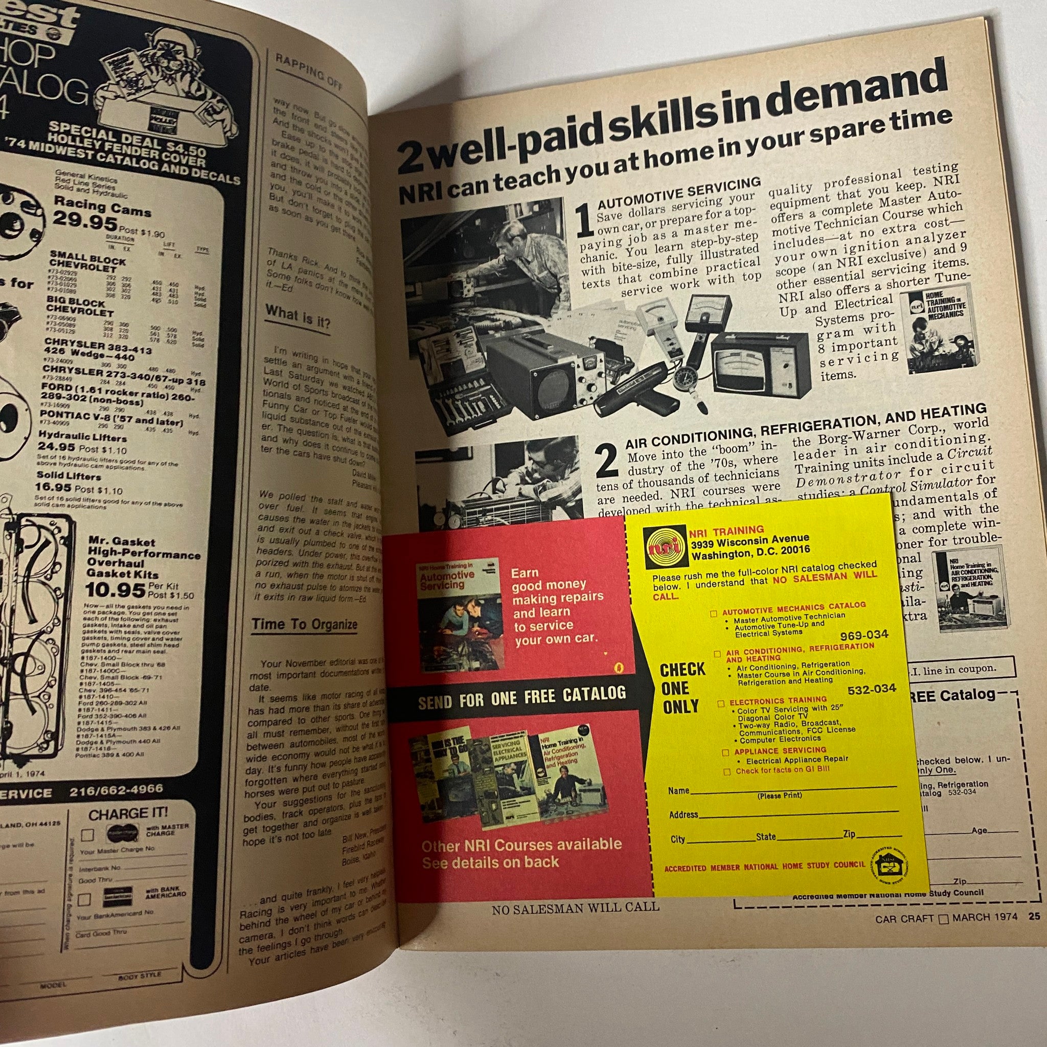 Inside Car Craft Magazine March 1974 Vol 22 No. 3 showing a page with advertisements for automotive skills and training programs.