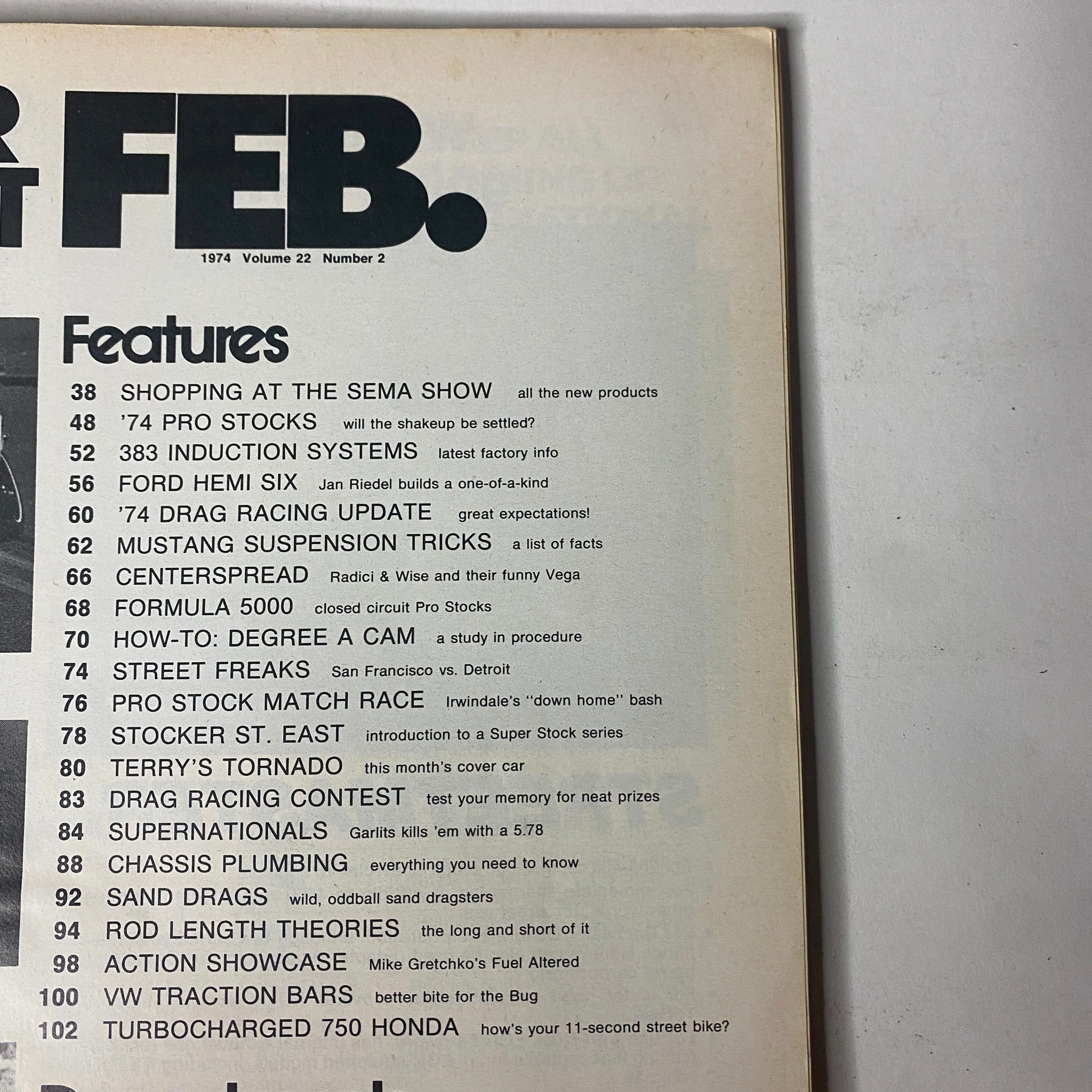 Inside page from Car Craft Magazine, February 1974, Vol 22 No. 2 showing key features including shopping at the SEMA Show, ’74 Pro Stocks, and drag racing updates.