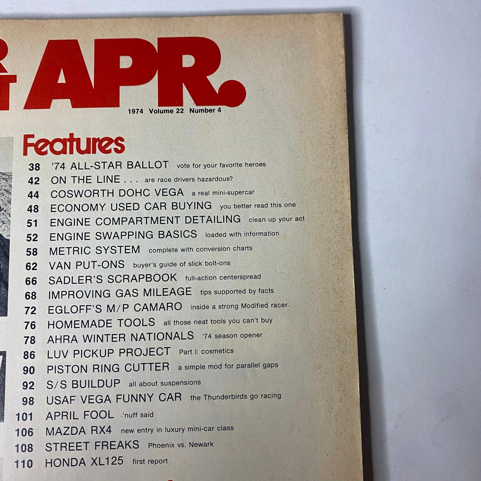 Table of contents for Car Craft Magazine April 1974 Vol 22 No. 4, showcasing various features like Cosworth DOHC Vega and economy used car buying.