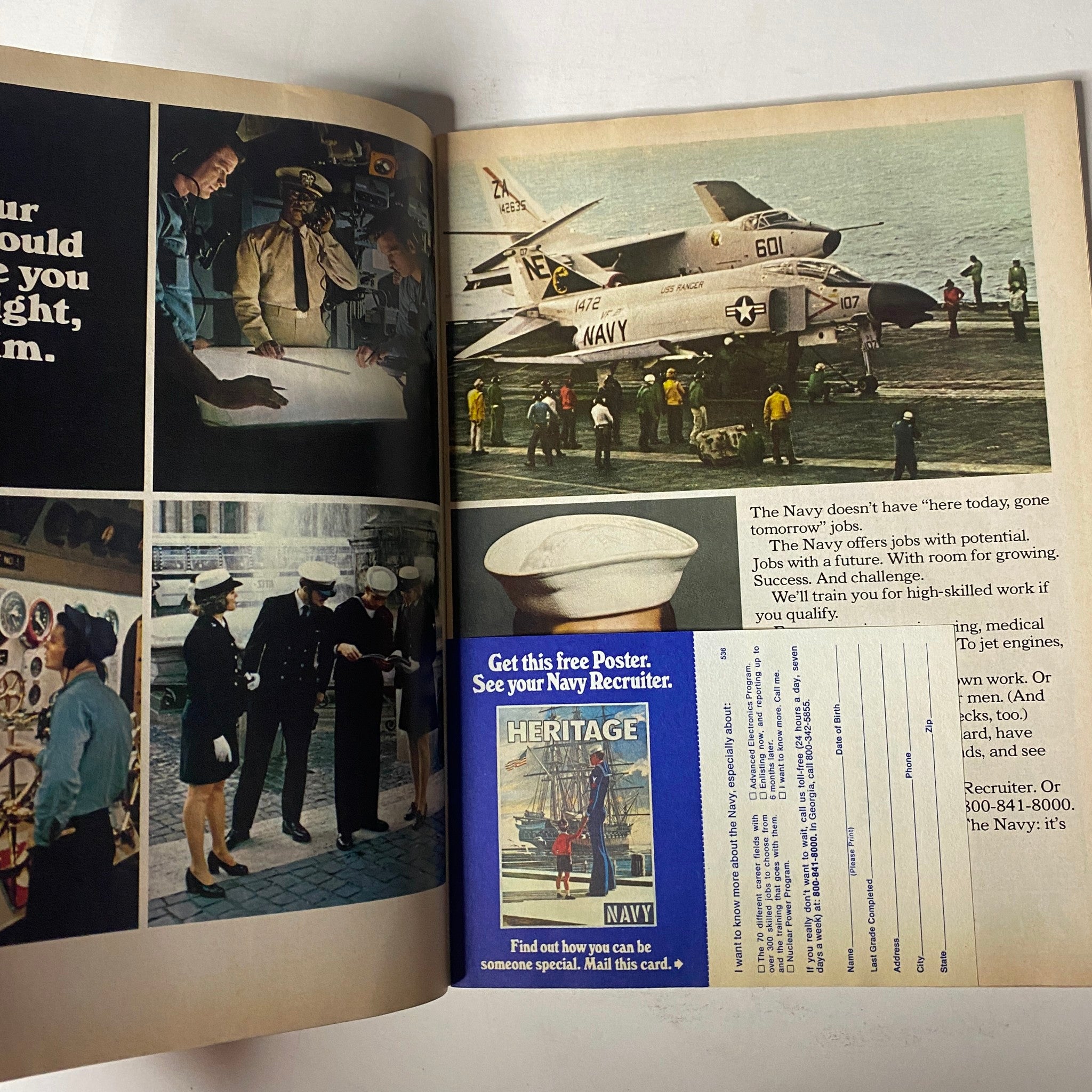 Interior page of Car Craft Magazine April 1974 Vol 22 No. 4 displaying an advertisement for Navy recruitment with images of Navy personnel.