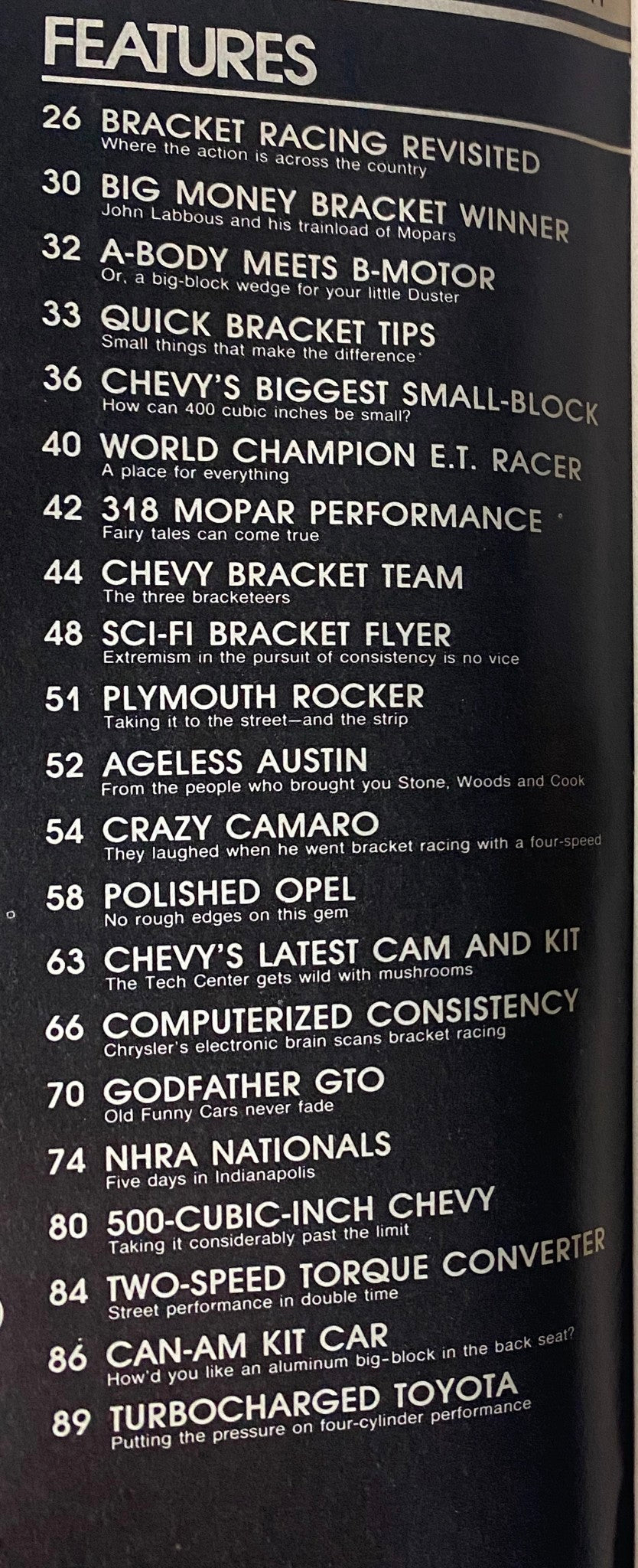 Car Craft Magazine November 1977 Table of Contents featuring articles on Bracket Racing, Quick Bracket Tips, and Two-Speed Torque Converter.