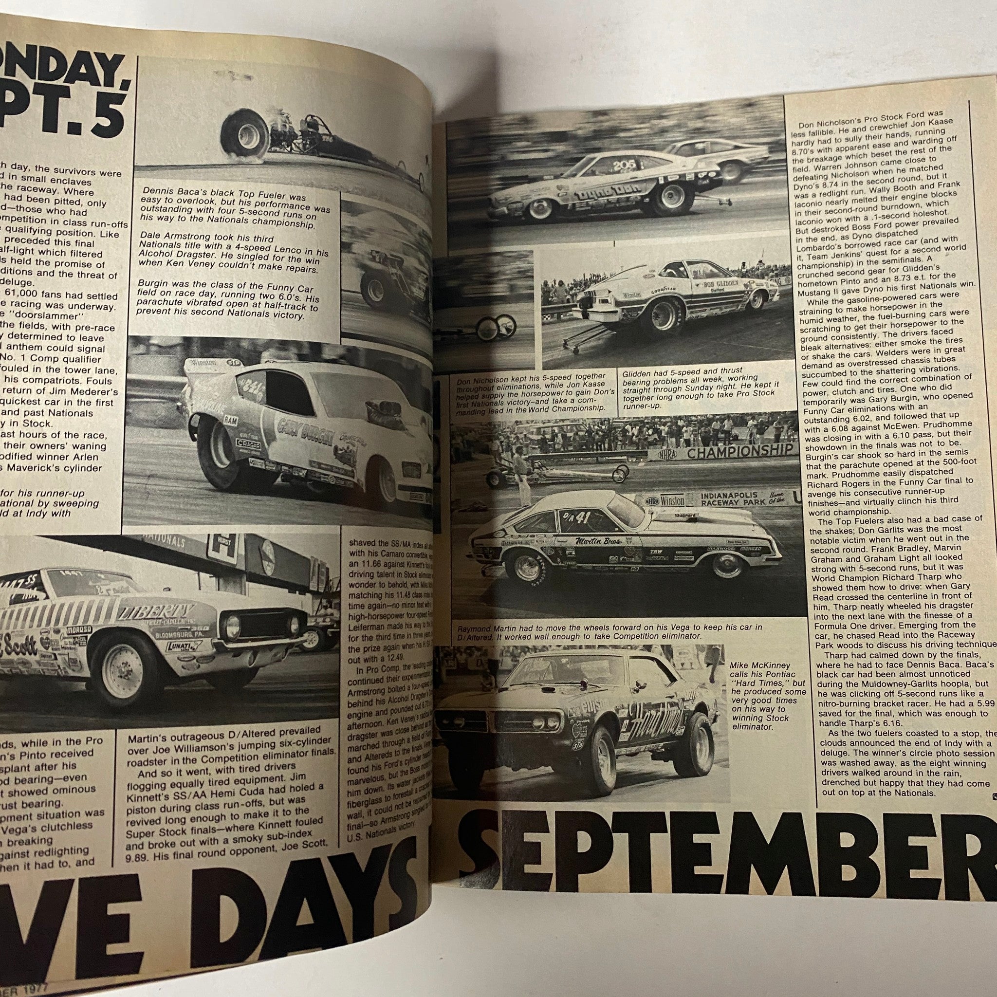 Inside spread of Car Craft Magazine November 1977 showcasing coverage of drag racing events and performance builds.