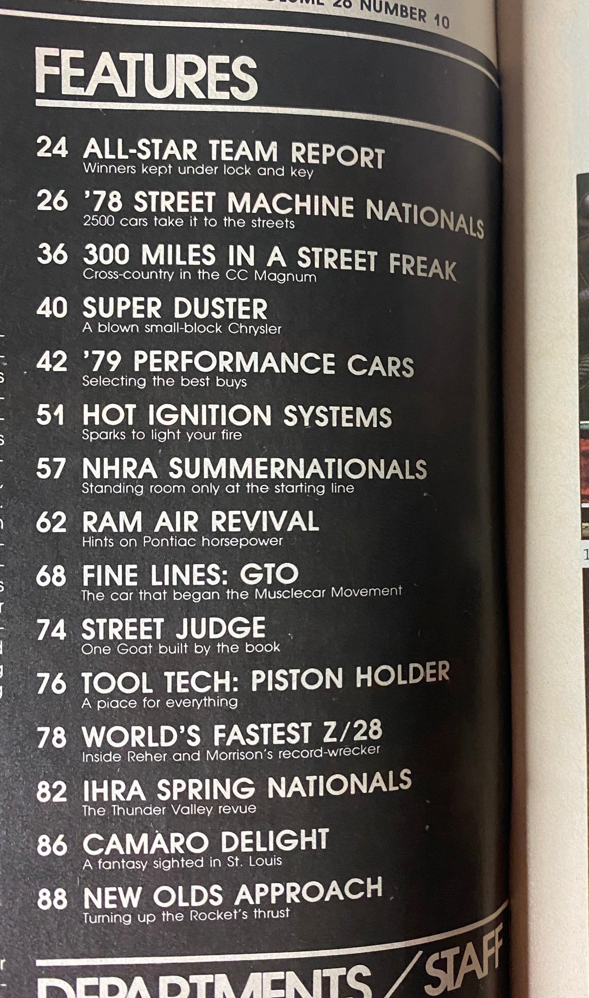 Interior page of Car Craft Magazine October 1978 showcasing features and articles, including '78 Super Nationals, Ignition Systems, and Performance Cars, emphasizing high-speed automotive culture.